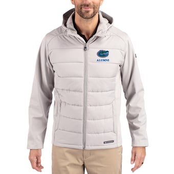 Men's Cutter & Buck Gray Florida Gators Evoke Hybrid Eco Softshell Recycled Full Zip Hooded Jacket