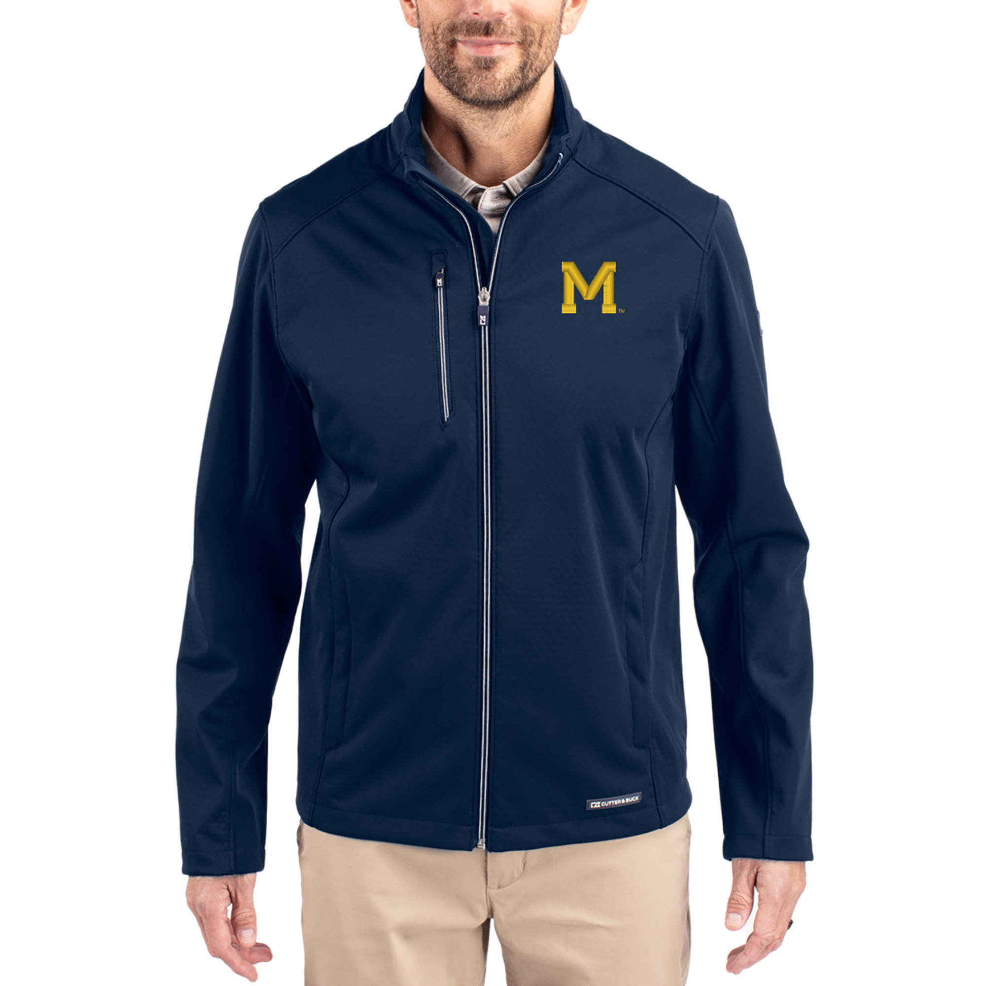 Men's Cutter & Buck Navy Michigan Wolverines Evoke Eco Softshell Recycled Full-Zip Jacket