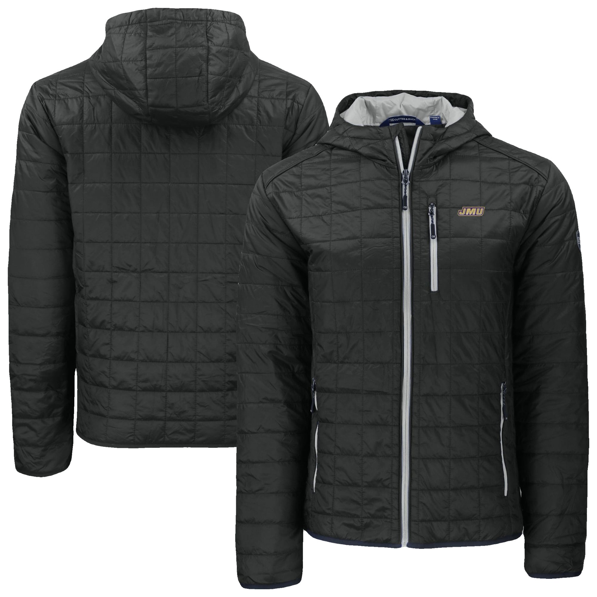 Men's Cutter & Buck  Black James Madison Dukes Rainier Eco PrimaLoft Hooded Full-Zip Jacket