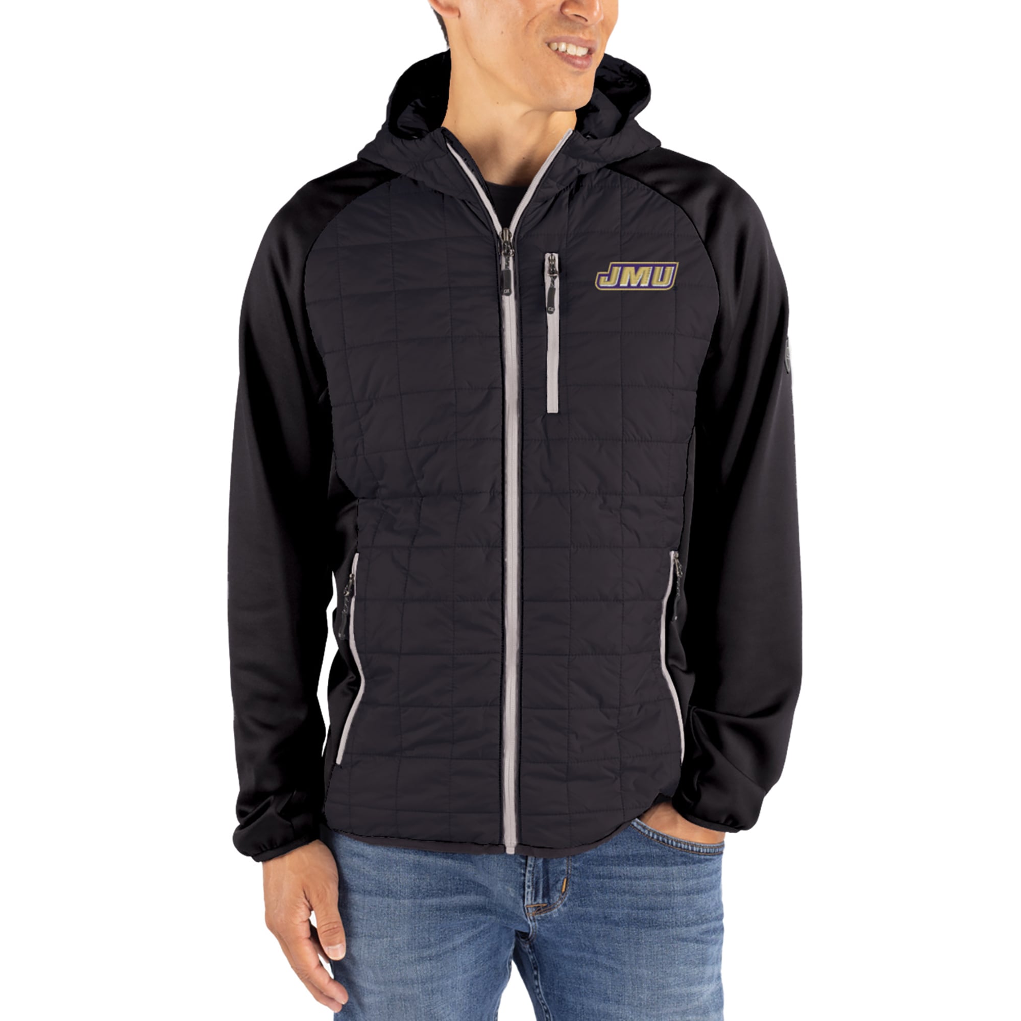 Men's Cutter & Buck  Black James Madison Dukes Rainier Eco Hybrid PrimaLoft Raglan Full-Zip Jacket