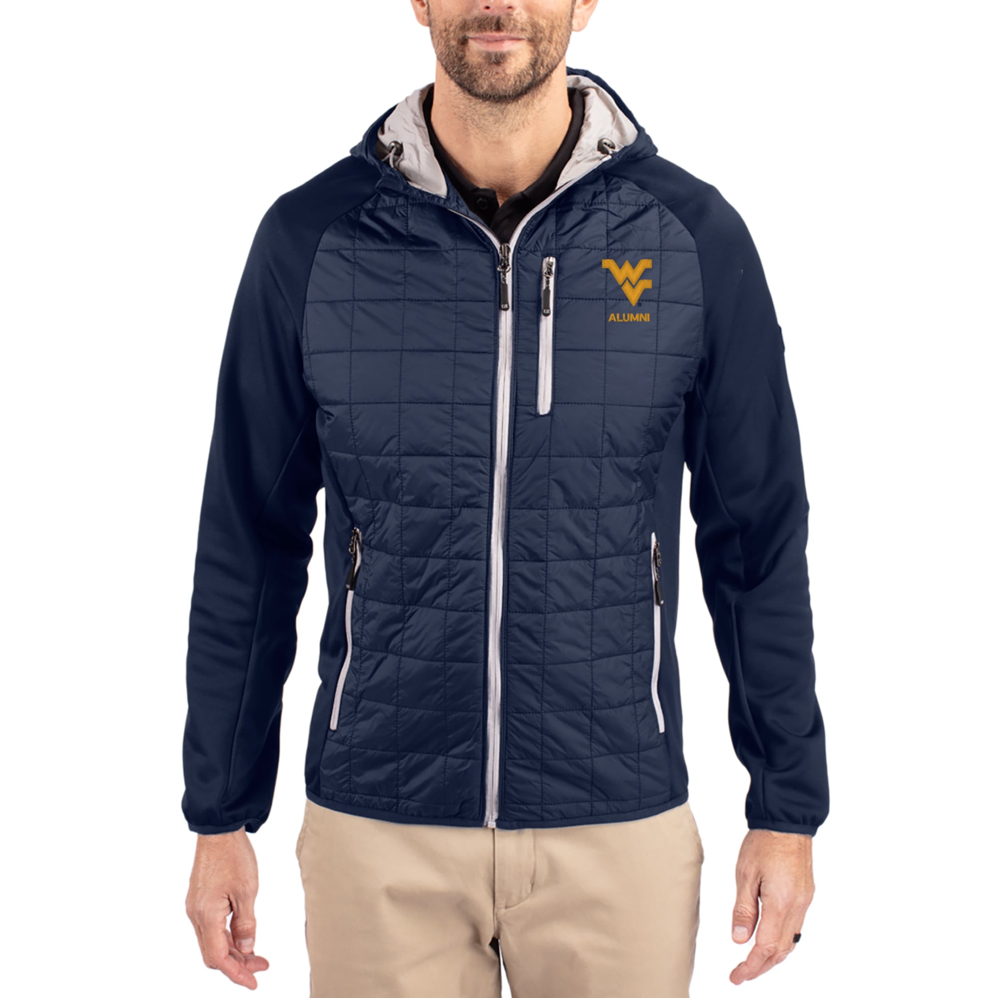 Men's Cutter & Buck  Navy West Virginia Mountaineers Rainier Eco Hybrid PrimaLoft Raglan Full-Zip Jacket