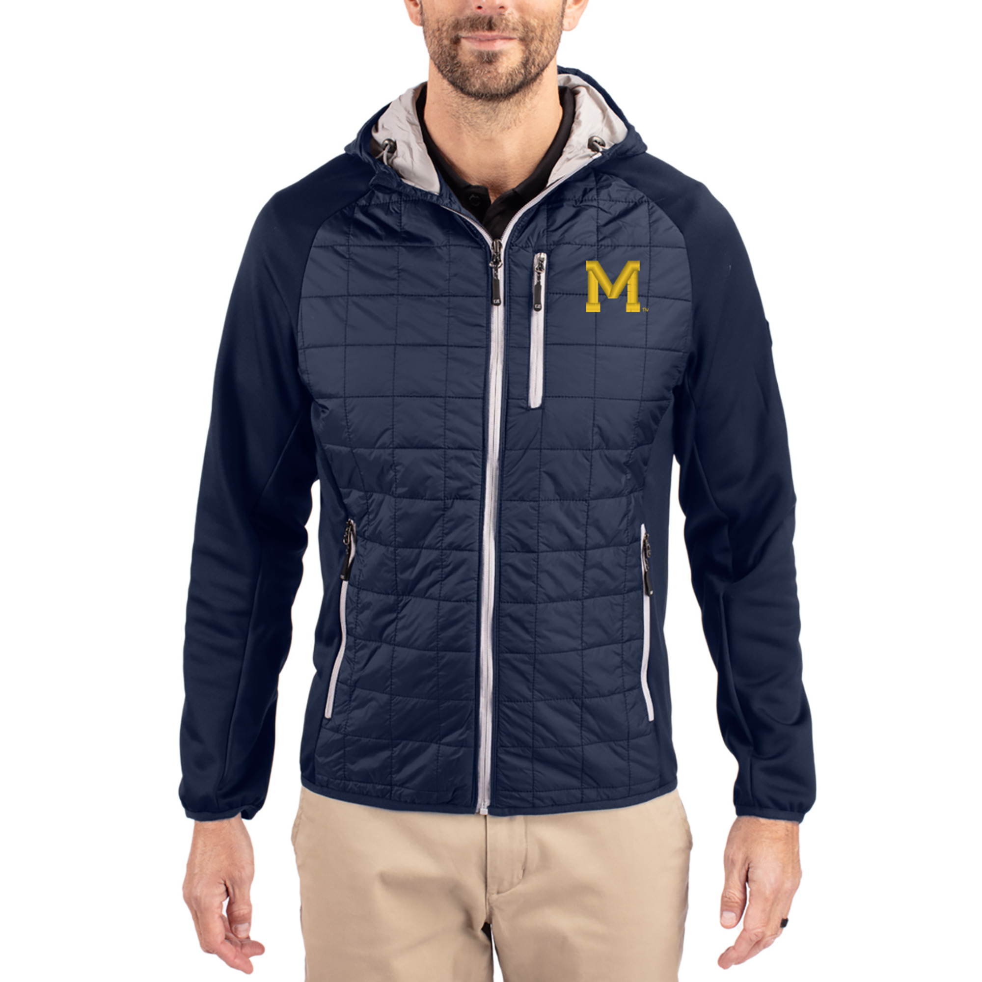 Men's Cutter & Buck Navy Michigan Wolverines Rainier Eco Hybrid PrimaLoft Raglan Full-Zip Jacket