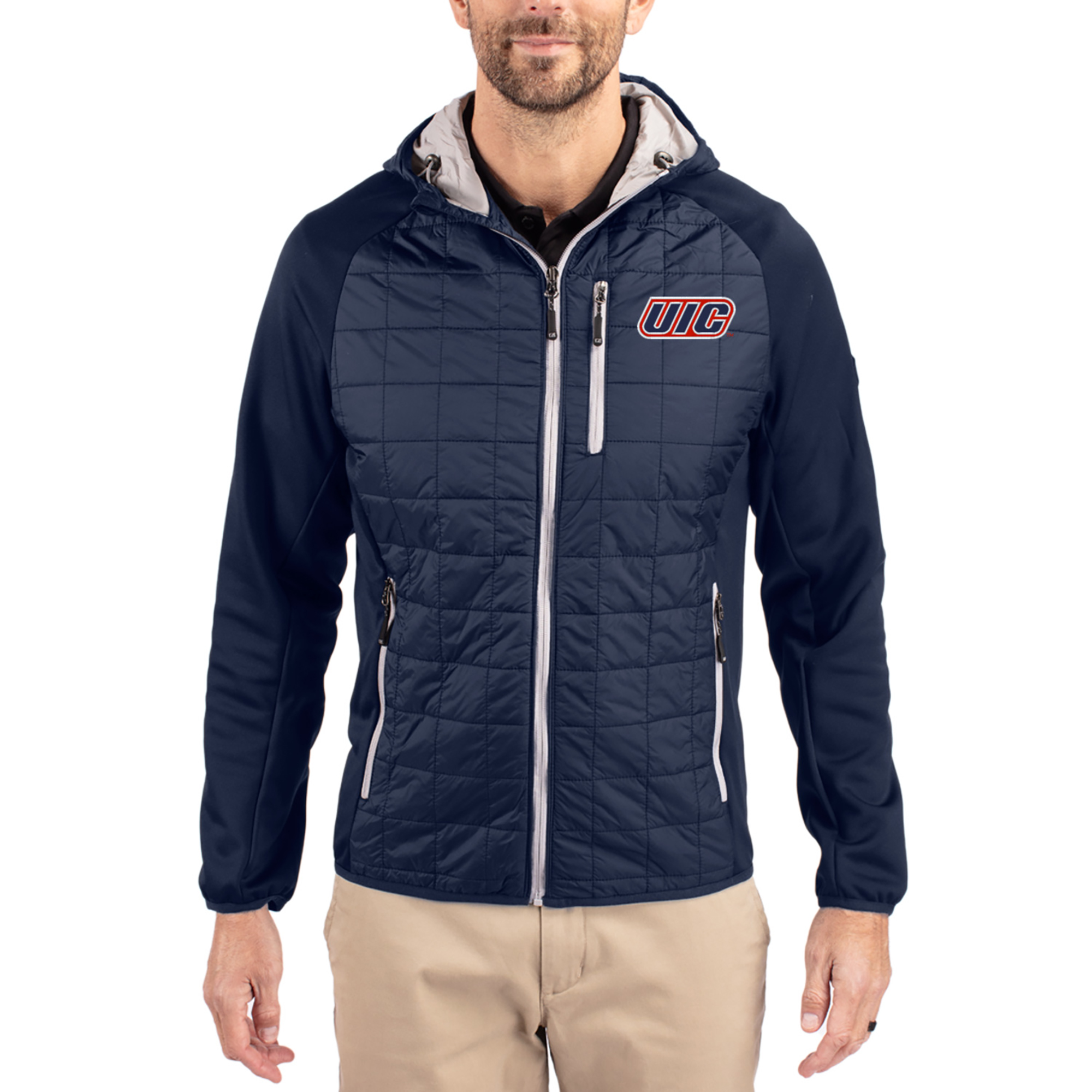 Men’s Cutter & Buck Navy UIC Flames Rainier Eco Hybrid PrimaLoft Raglan Full-Zip Jacket Men’s Cutter & Buck Navy UIC Flames Rainier Eco Hybrid PrimaLoft Raglan Full-Zip Jacket