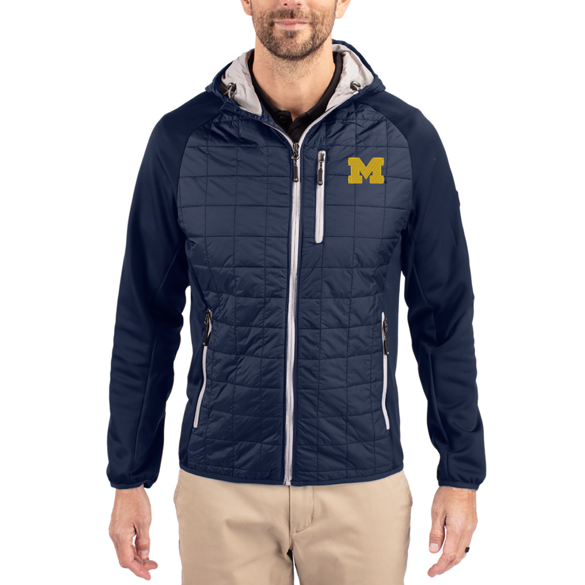 Men's Cutter & Buck Navy Michigan Wolverines Rainier Eco Hybrid PrimaLoft Raglan Full-Zip Jacket