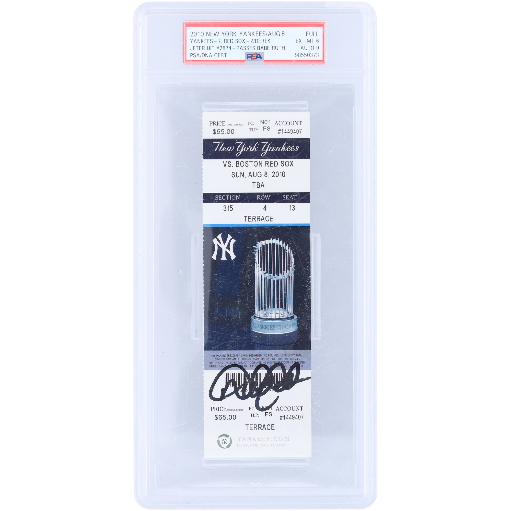 Derek Jeter New York Yankees Autographed 2,874th Hit to Pass Babe Ruth on the All-Time Hits List PSA Authenticated 6/9 Ticket from August 8, 2010