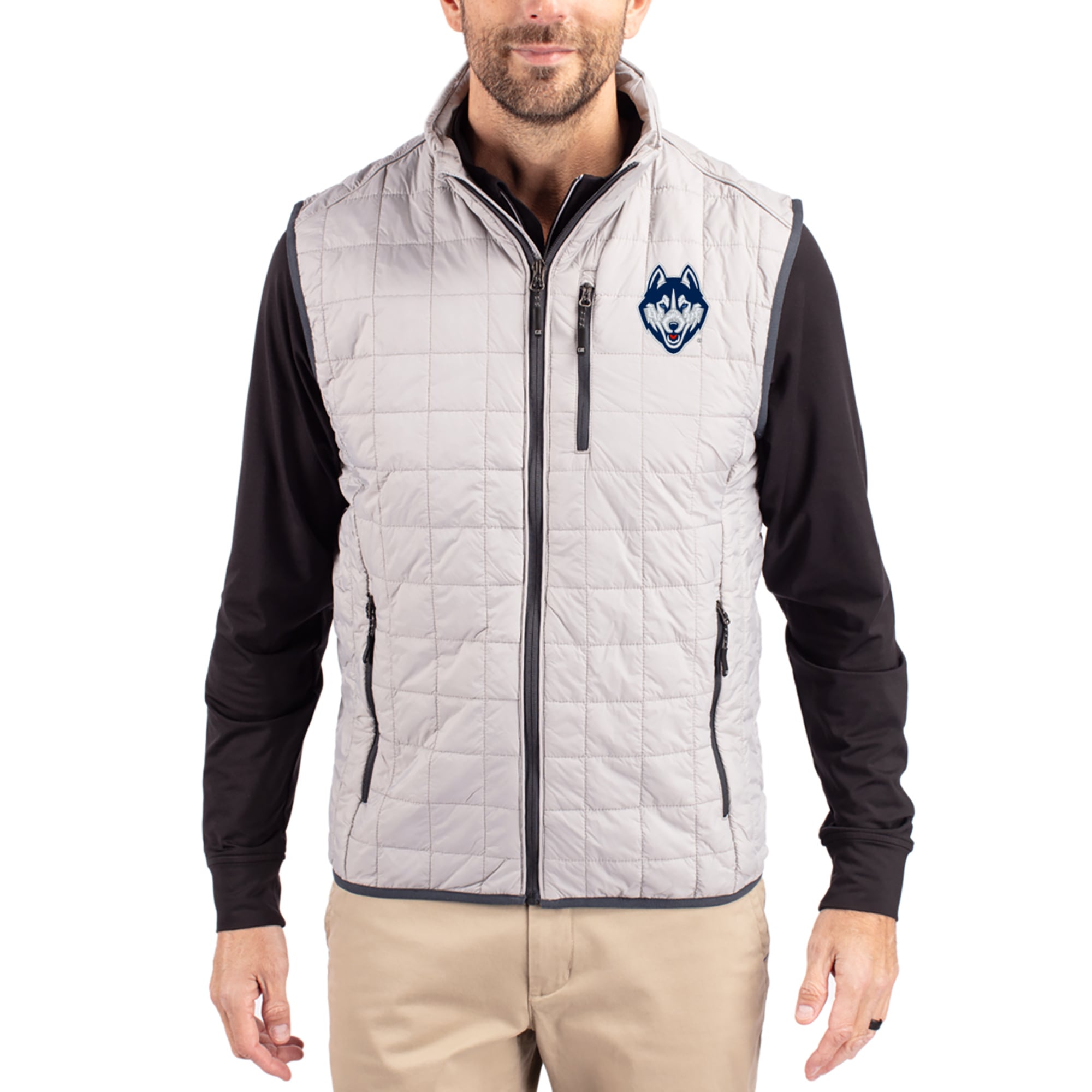 Men's Cutter & Buck  Gray UConn Huskies Rainier Eco Insulated PrimaLoft Full-Zip Puffer Vest
