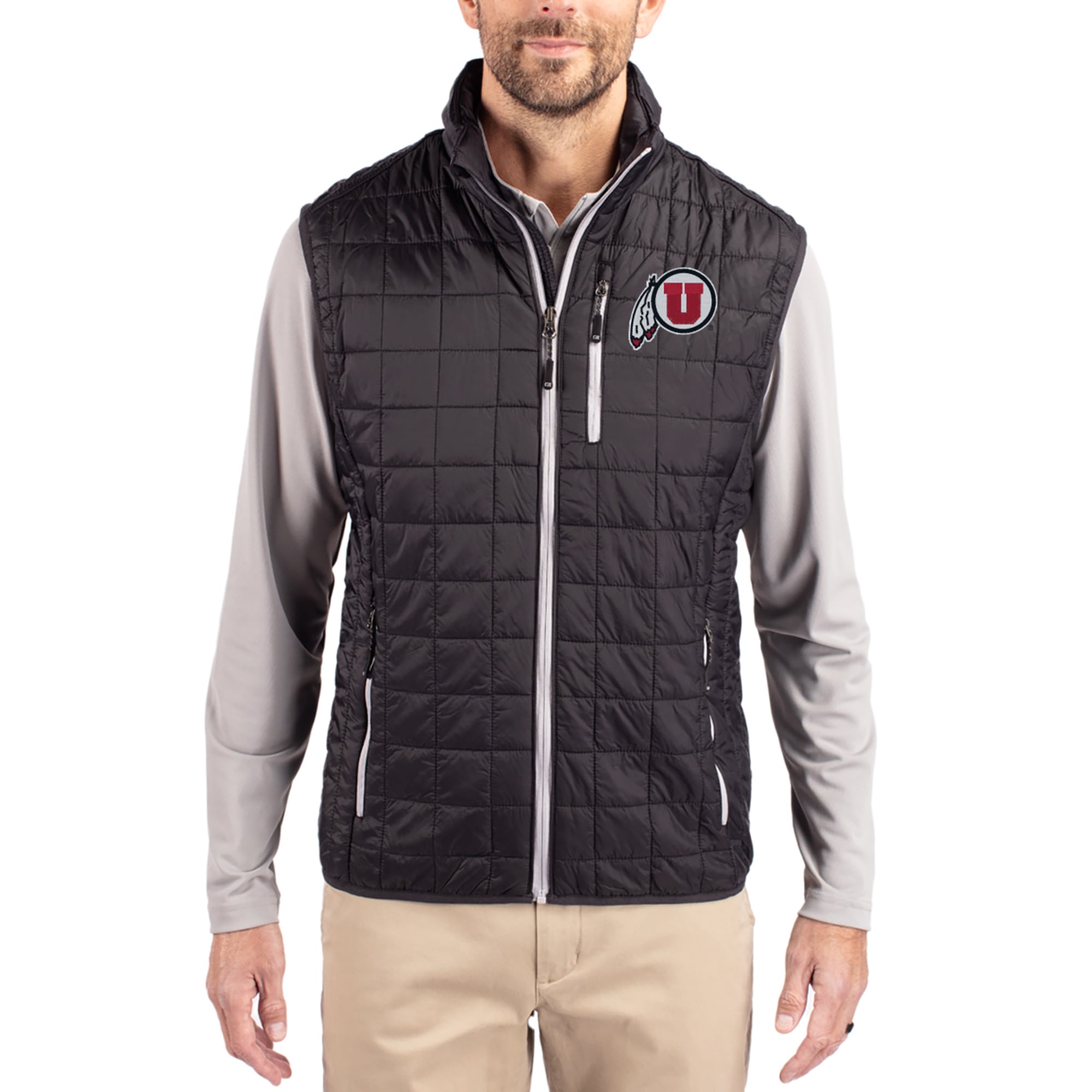 Men's Cutter & Buck  Black Utah Utes Rainier Eco Insulated PrimaLoft Full-Zip Puffer Vest
