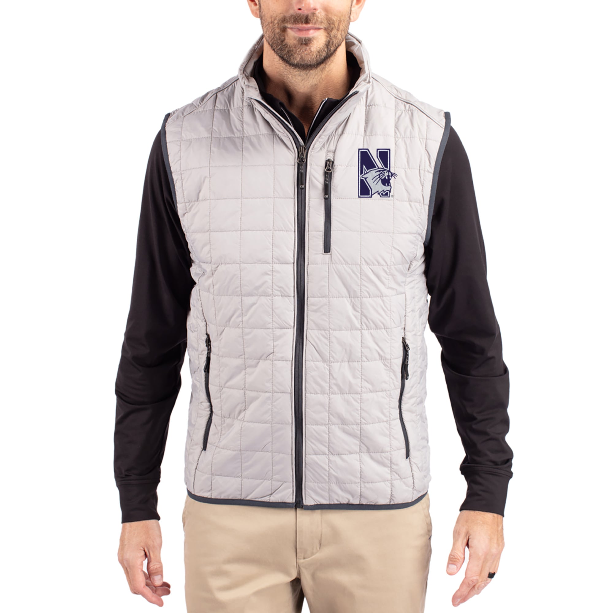 Men's Cutter & Buck  Gray Northwestern Wildcats Rainier Eco Insulated PrimaLoft Full-Zip Puffer Vest