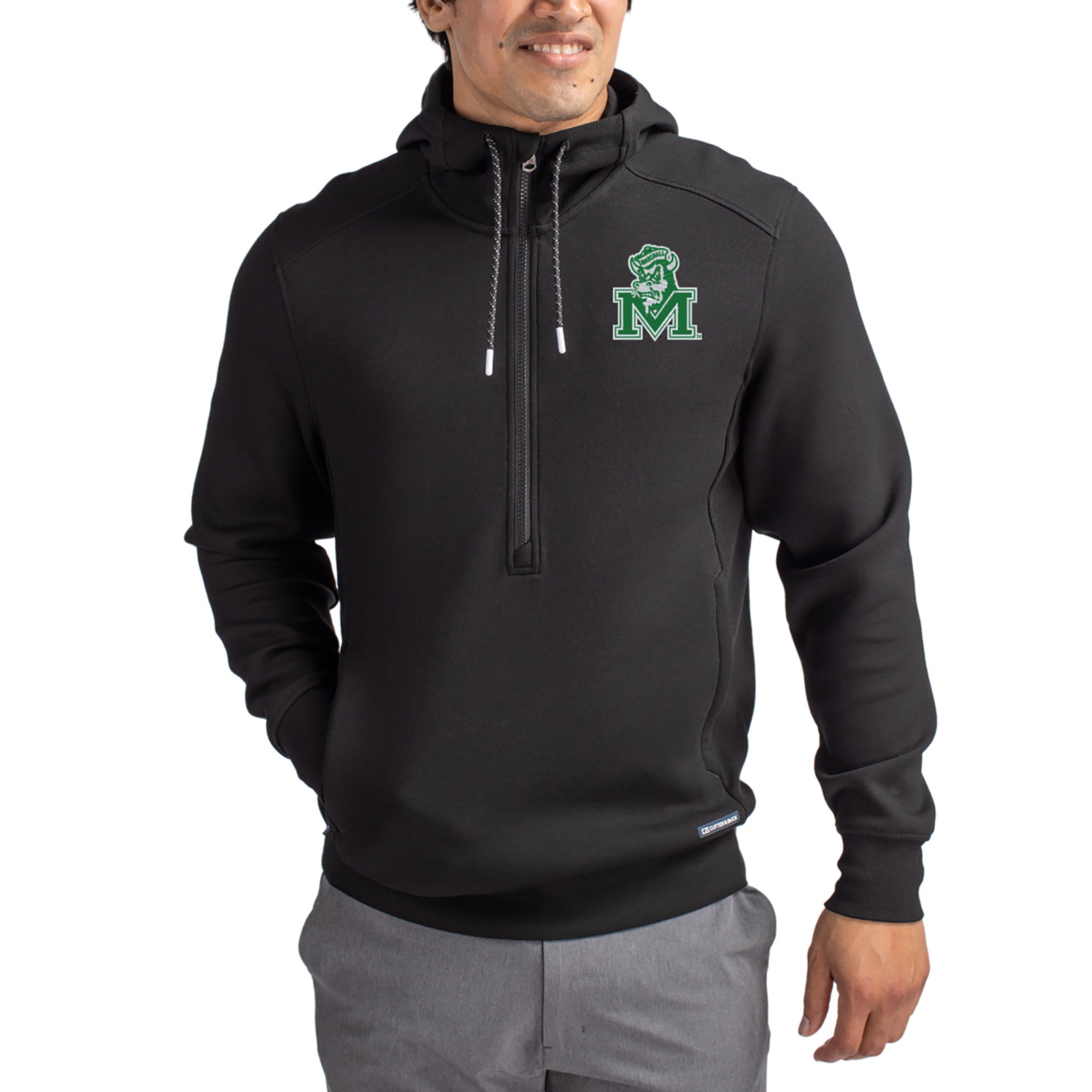 Men's Cutter & Buck  Black Marshall Thundering Herd Roam Eco Recycled Half-Zip Pullover Hoodie