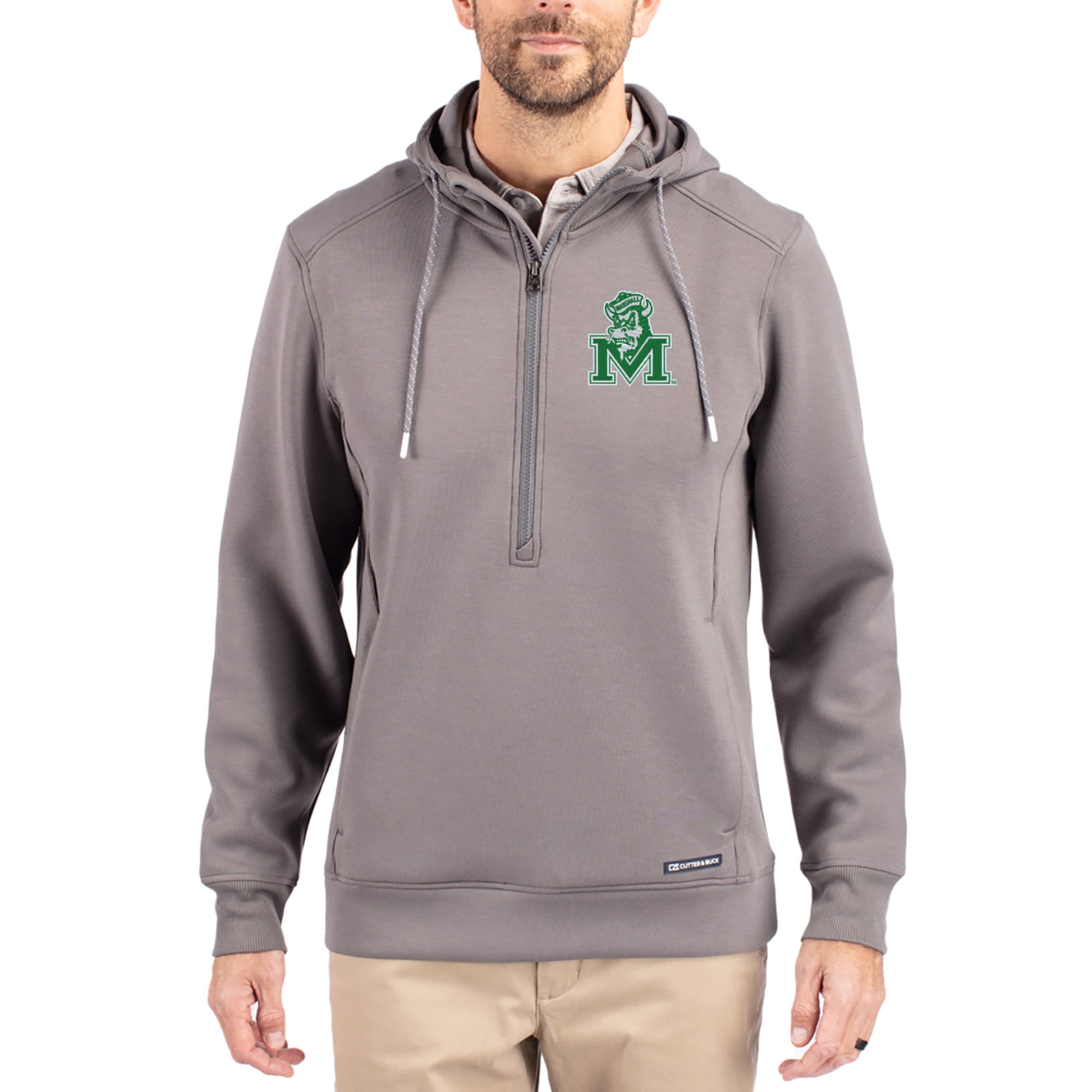 Men's Cutter & Buck  Gray Marshall Thundering Herd Roam Eco Recycled Half-Zip Pullover Hoodie