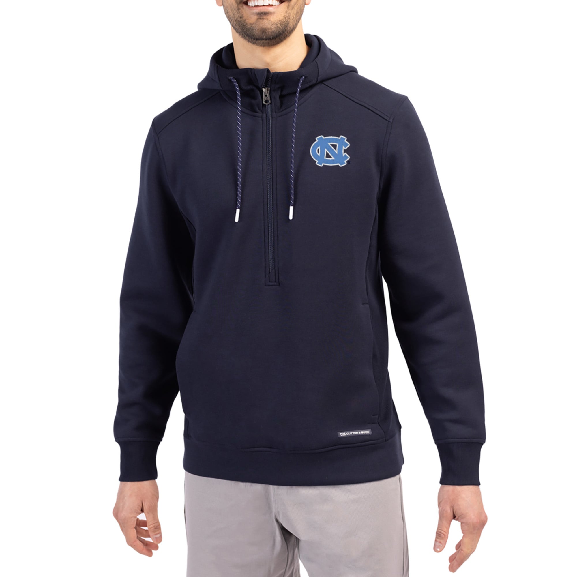 Men's Cutter & Buck  Navy North Carolina Tar Heels Roam Eco Recycled Half-Zip Pullover Hoodie