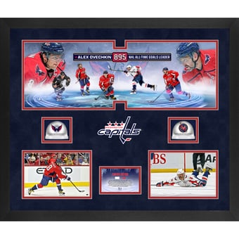 Alexander Ovechkin Washington Capitals Framed 20" x 24" 895th Goal Three-Photograph Collage with Dual Game-Used Ice from a Caps Game During the 895th Goal Season & 802nd Goal Season - Limited Edition of 100