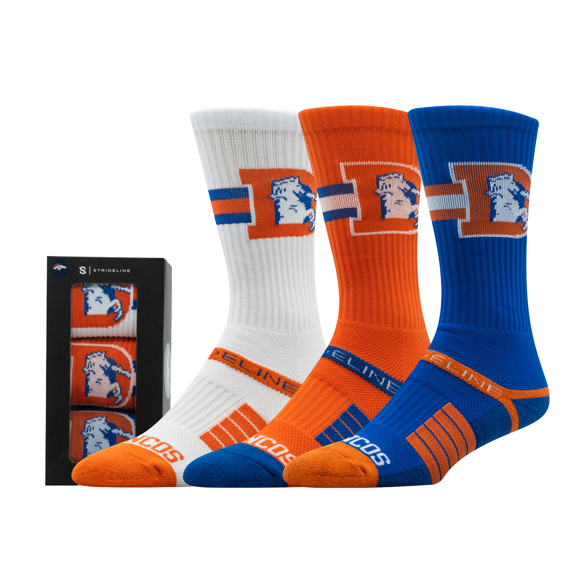 Unisex Strideline Denver Broncos Retro Premium 3-Pack Knit Crew Socks Set