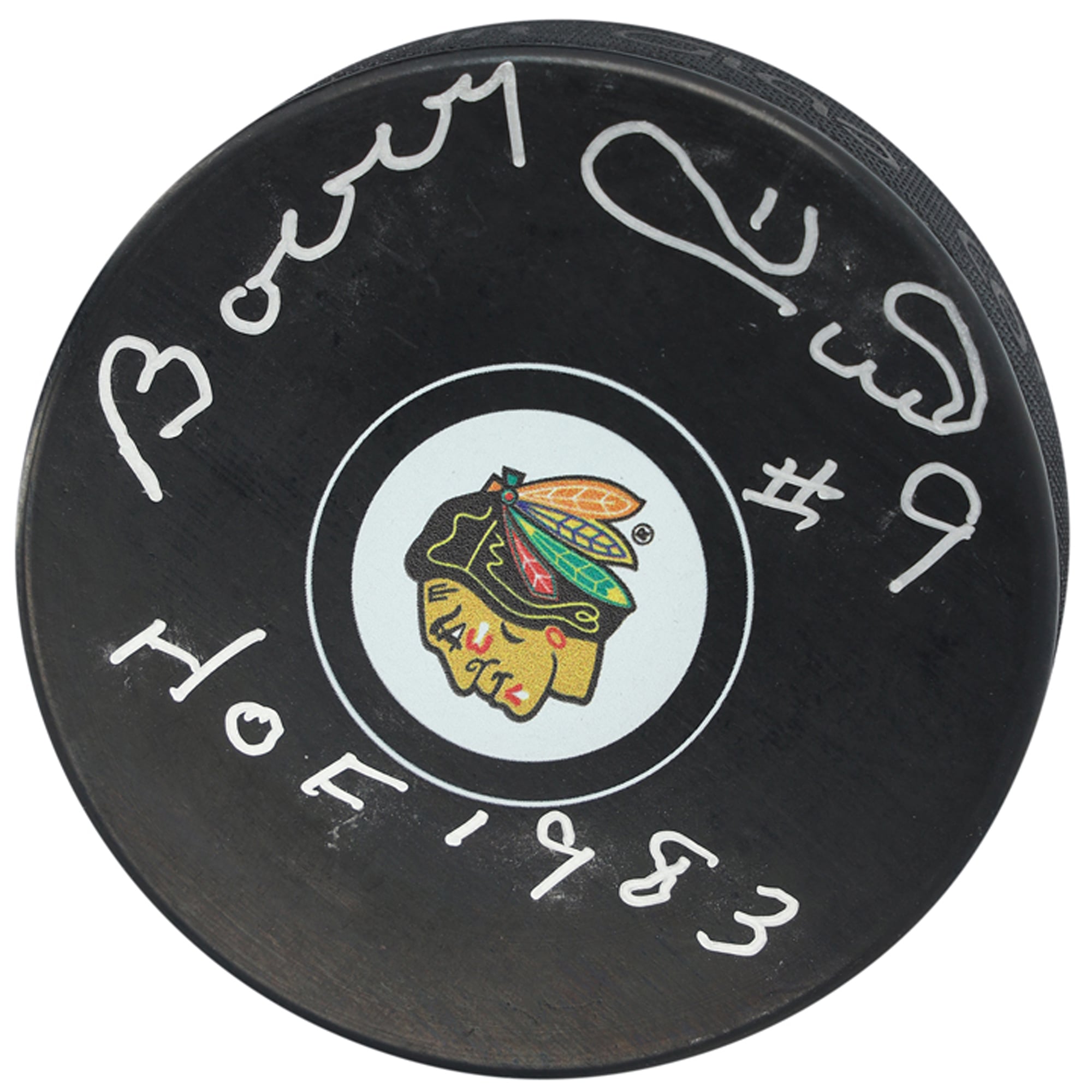 Bobby Hull Chicago Blackhawks Autographed Hockey Puck with Multiple Inscriptions