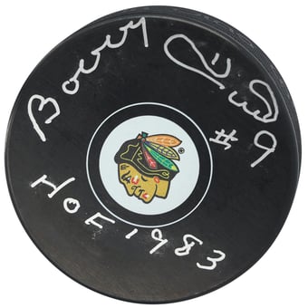 Bobby Hull Chicago Blackhawks Autographed Hockey Puck with Multiple Inscriptions