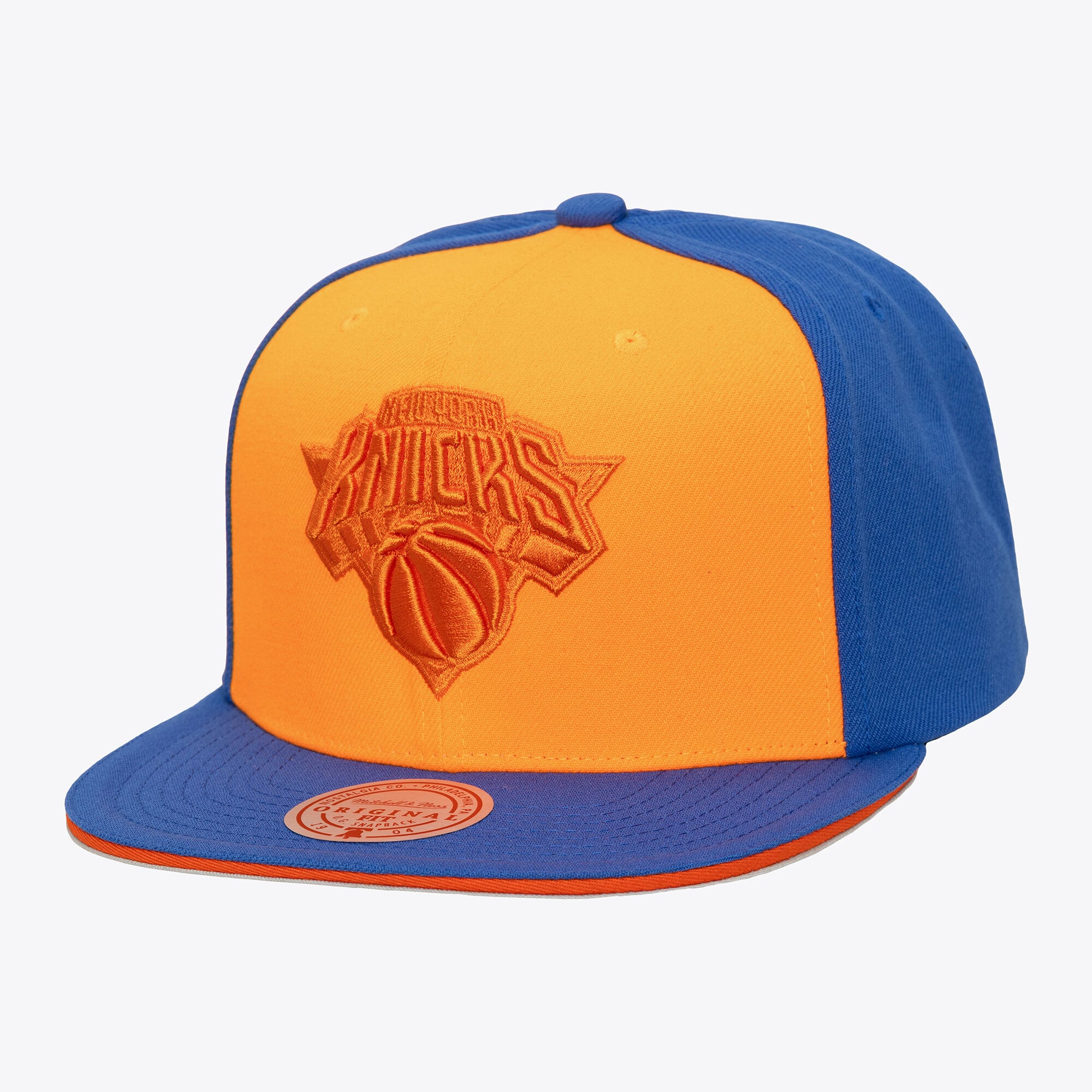 Mitchell & Ness Herren-Snapback-Kappe in Orange/Blau, New York Knicks Color Pop.