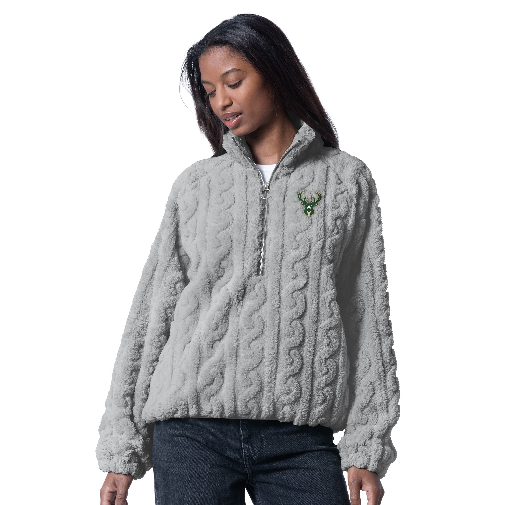 Women's G-III 4Her by Carl Banks Gray Milwaukee Bucks Champ Half-Zip Pullover