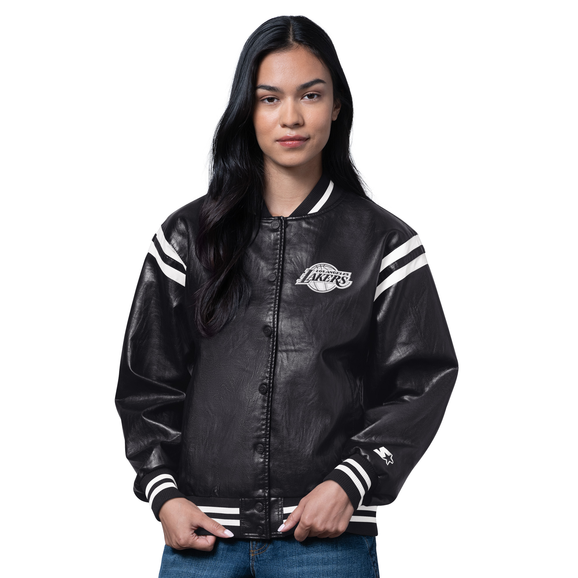 Women's Starter Black Los Angeles Lakers High Heat Leather Varsity Full-Snap Jacket