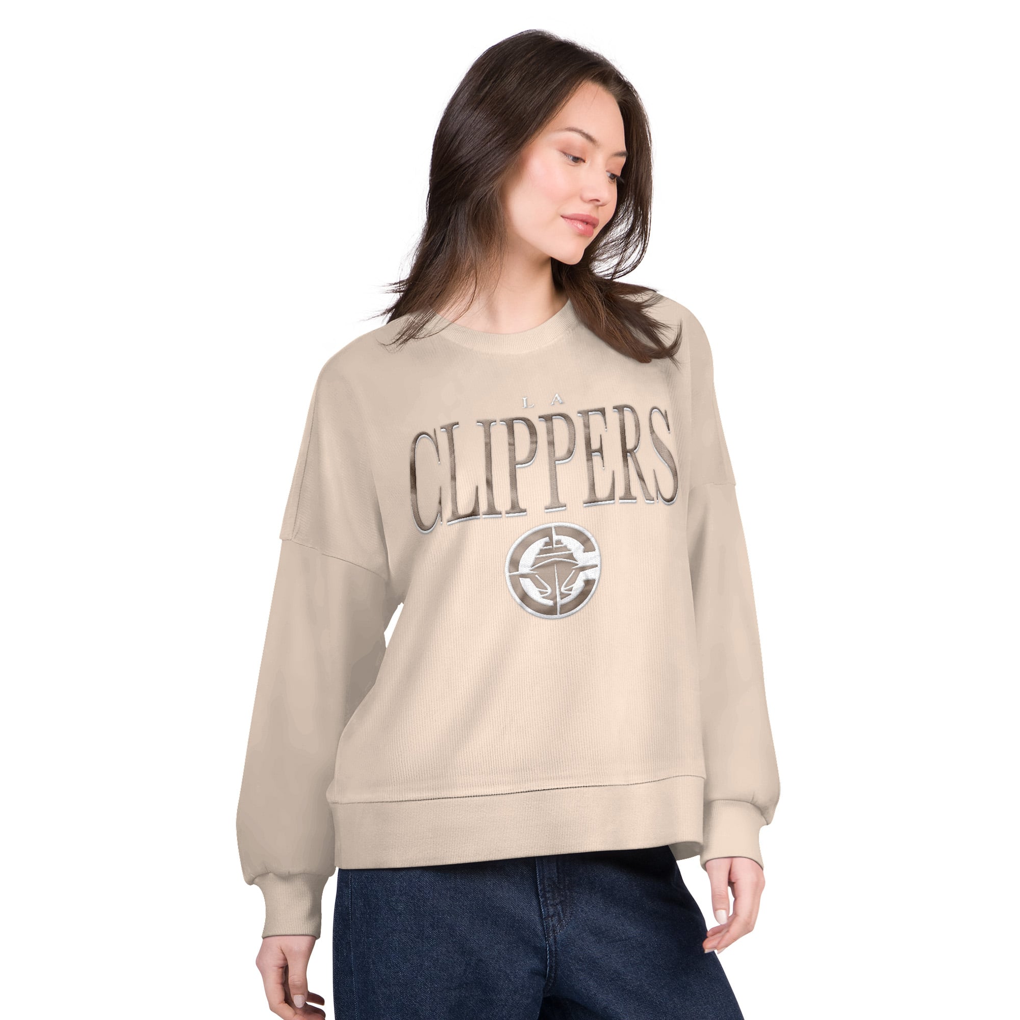 Women's G-III 4Her by Carl Banks Natural LA Clippers Oversized Vet II Sweatshirt