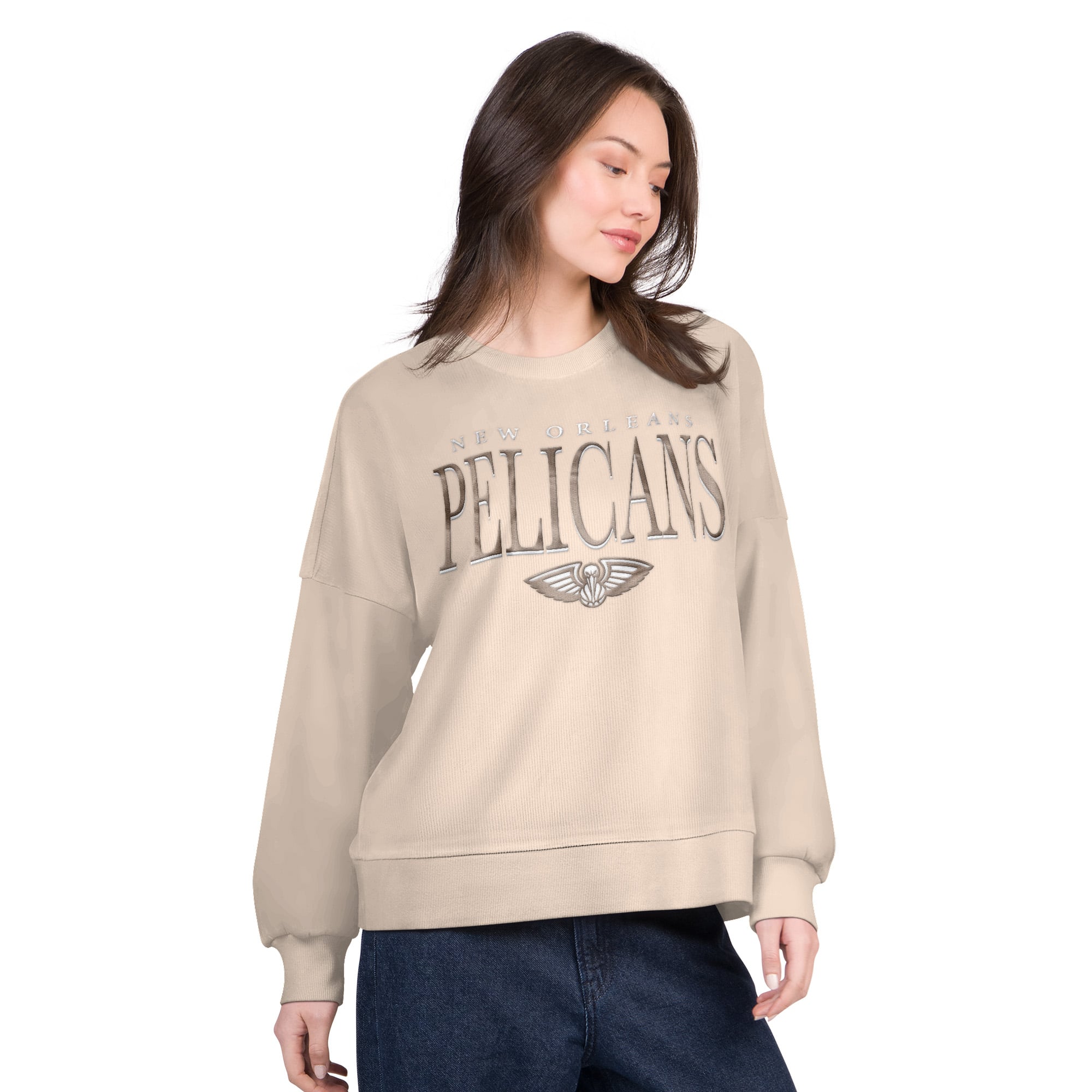 Women's G-III 4Her by Carl Banks Natural New Orleans Pelicans Oversized Vet II Sweatshirt
