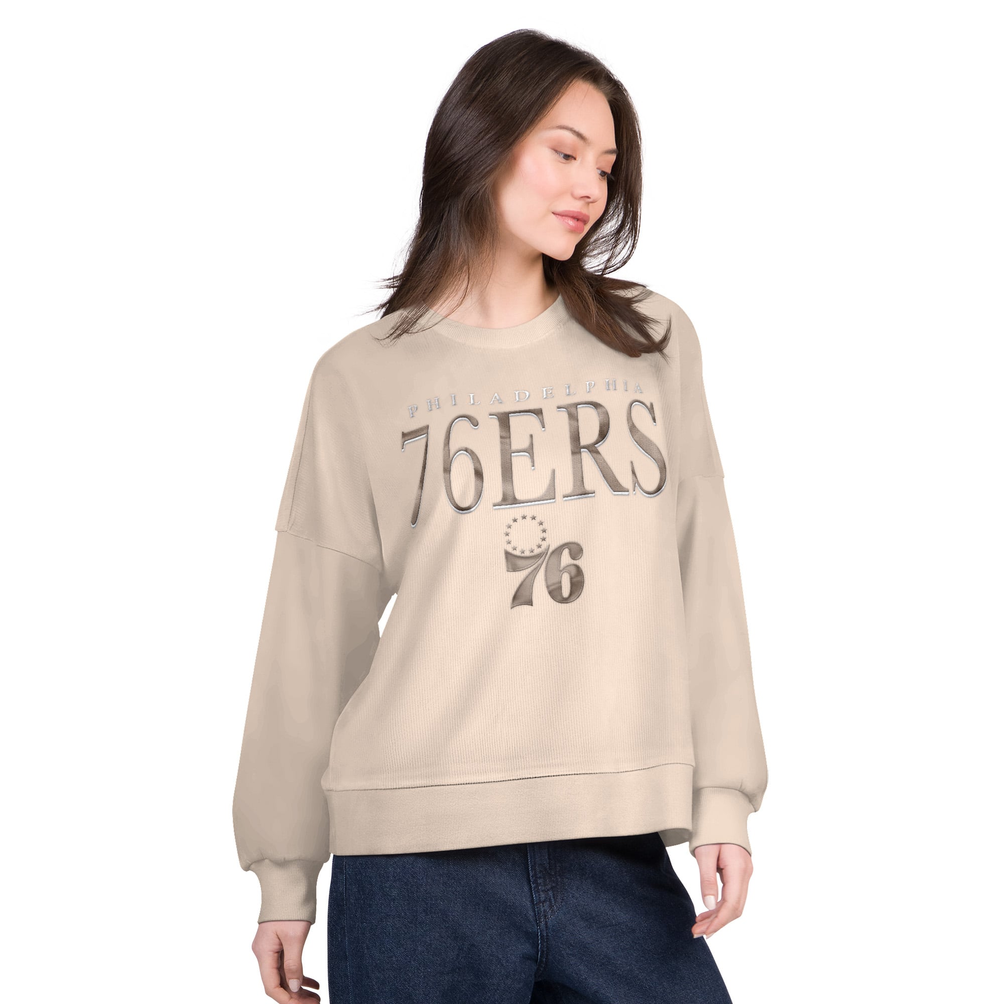 Women's G-III 4Her by Carl Banks Natural Philadelphia 76ers Oversized Vet II Sweatshirt