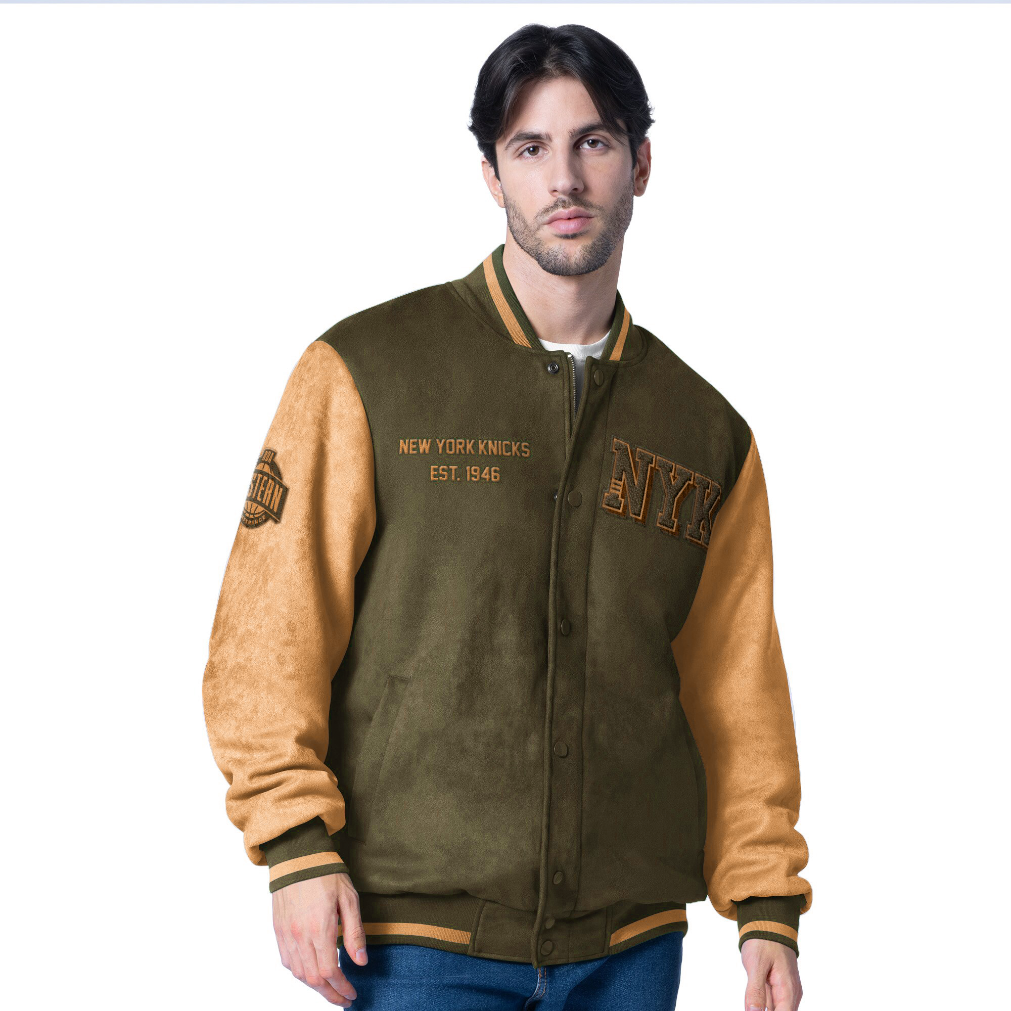 Men's G-III Sports by Carl Banks Olive New York Knicks Infielder Faux Suede Full-Zip Varsity Jacket