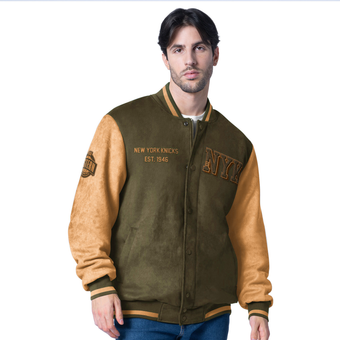 Men's G-III Sports by Carl Banks Olive New York Knicks Infielder Faux Suede Full-Zip Varsity Jacket