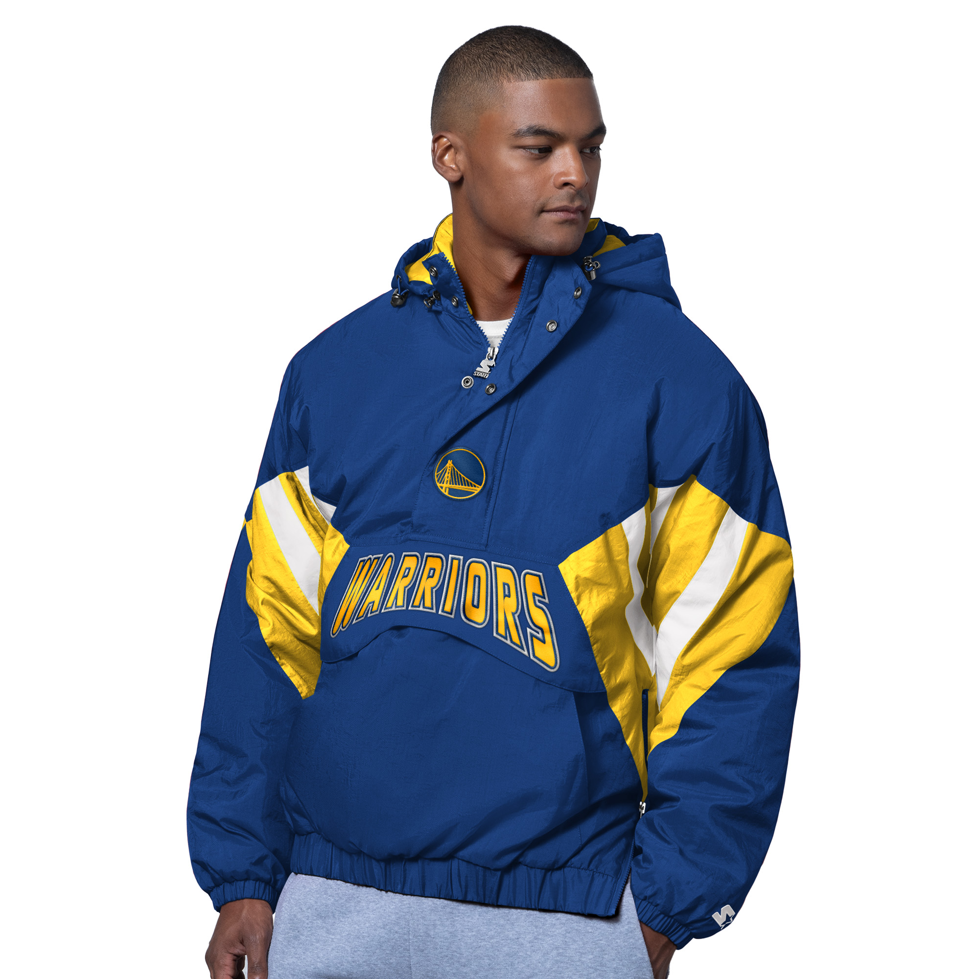 Men's Starter Royal Golden State Warriors The Line Up Oxford Crinkle Half-Zip Hooded Jacket