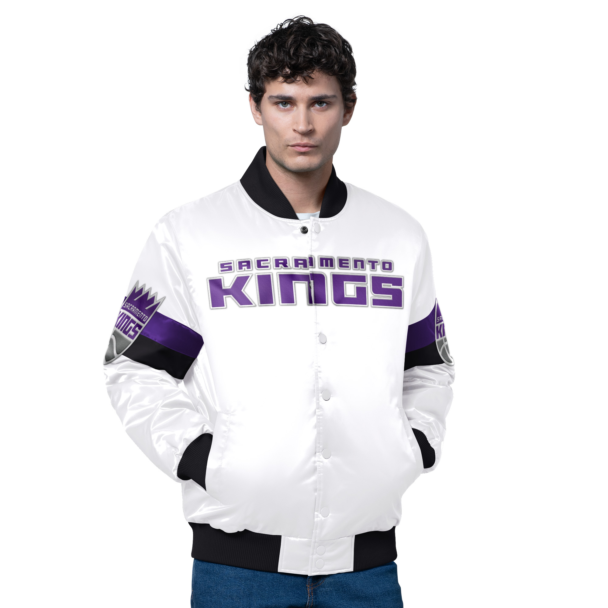 Men's Starter White Sacramento Kings Triple Option Varsity Full-Snap Satin Jacket