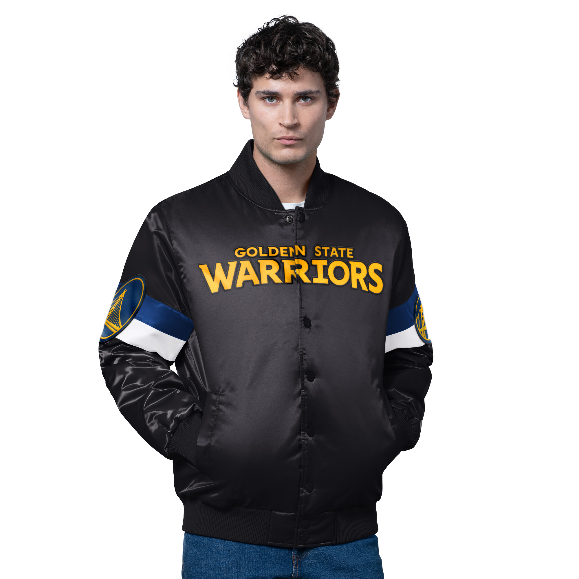Men's Starter Black Golden State Warriors Triple Option Varsity Full-Snap Satin Jacket