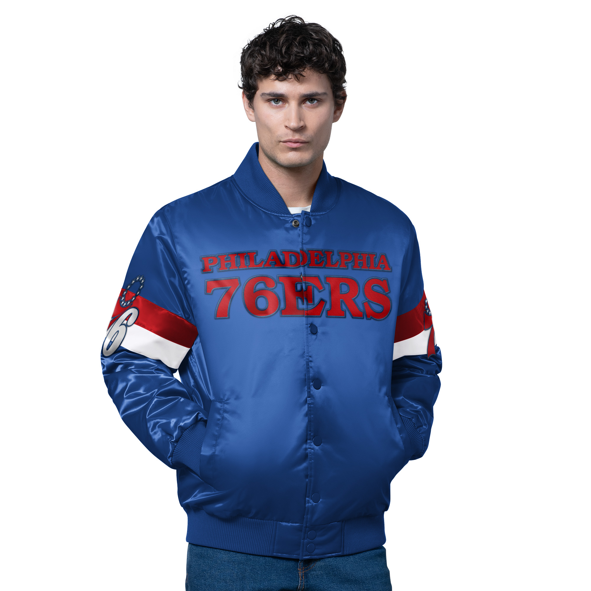 Men's Starter Royal Philadelphia 76ers Triple Option Varsity Full-Snap Satin Jacket