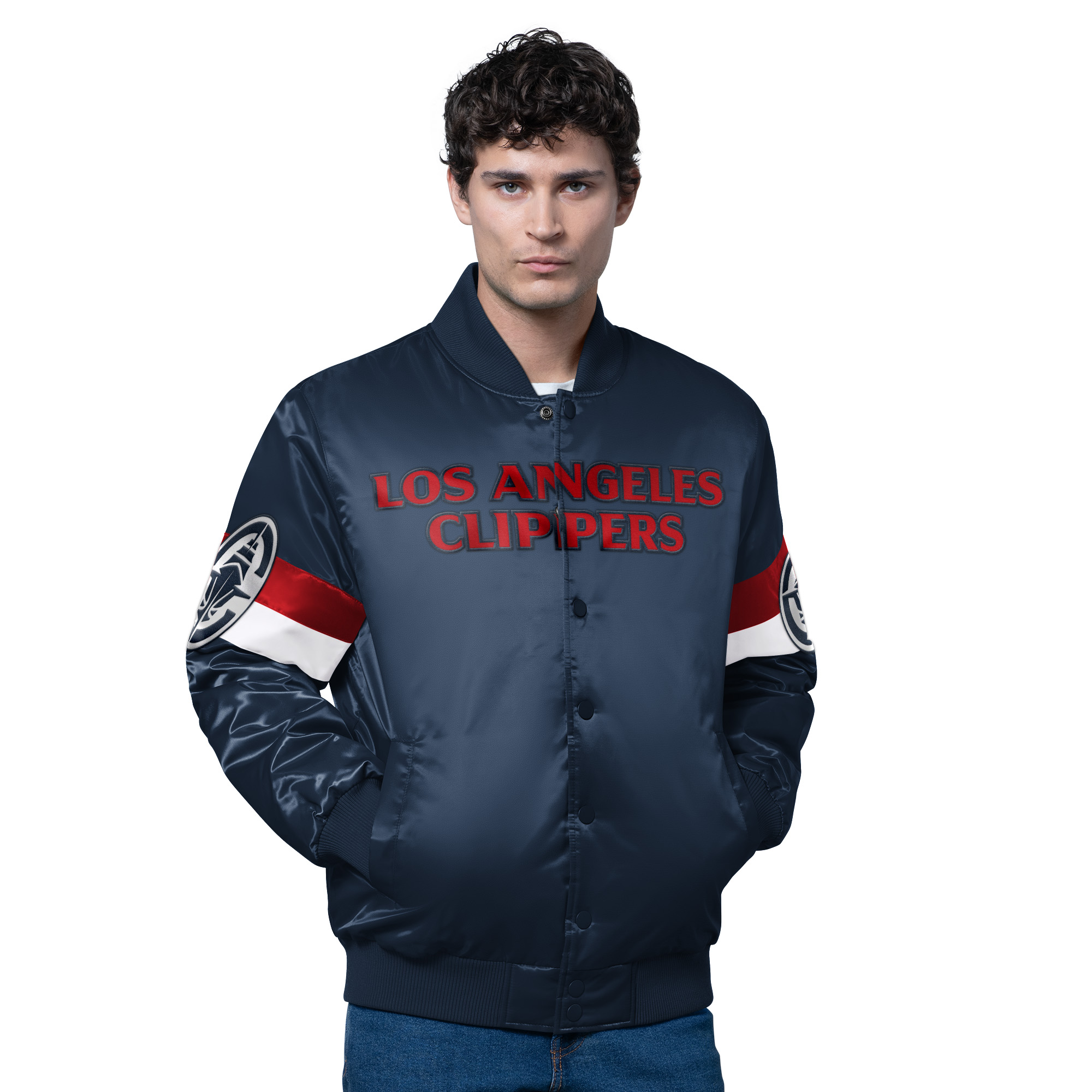 Men's Starter Navy LA Clippers Triple Option Varsity Full-Snap Satin Jacket