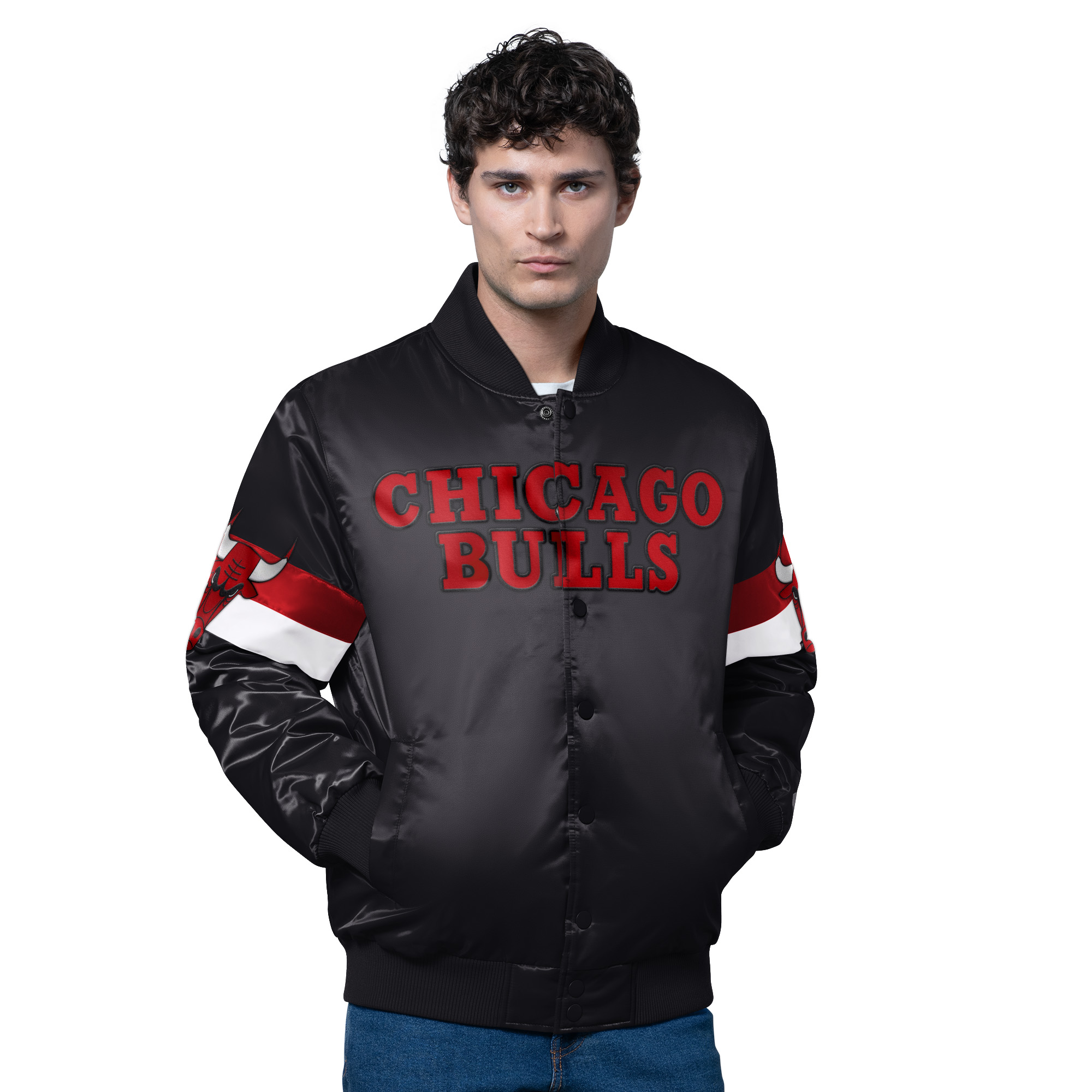 Men's Starter Black Chicago Bulls Triple Option Varsity Full-Snap Satin Jacket