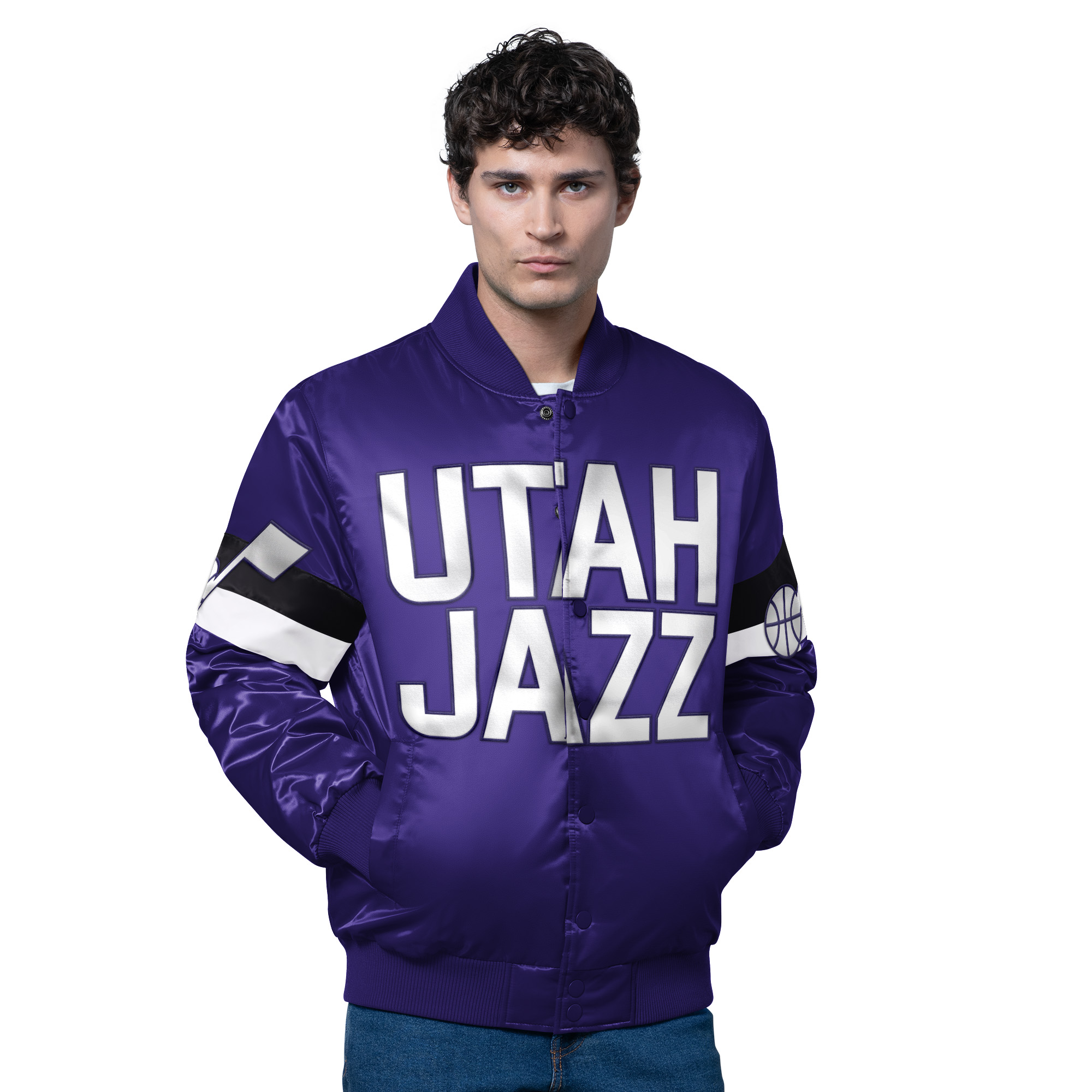 Men's Starter Purple Utah Jazz Triple Option Varsity Full-Snap Satin Jacket