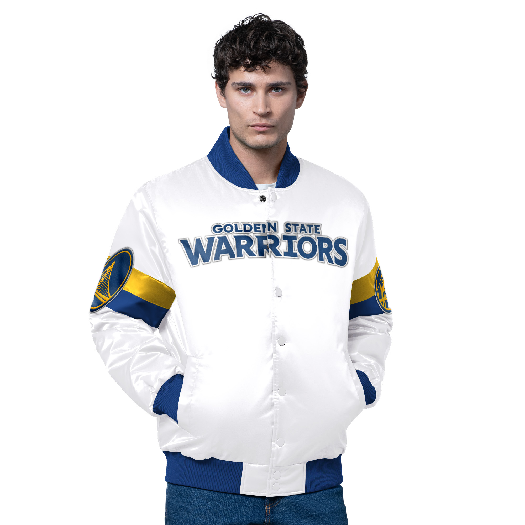 Men's Starter White Golden State Warriors Triple Option Varsity Full-Snap Satin Jacket