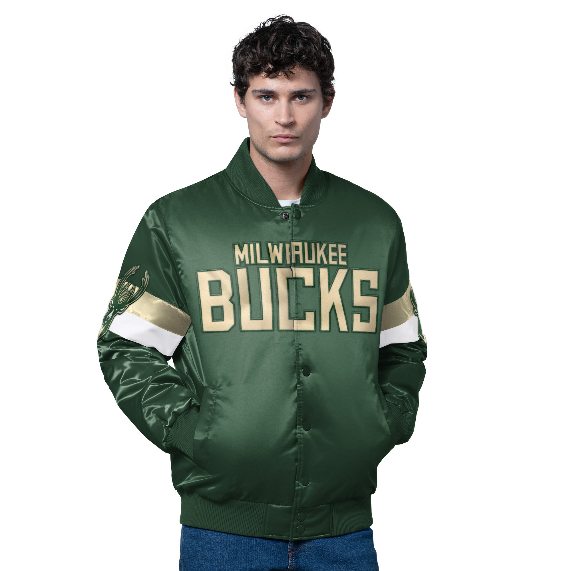 Men's Starter Hunter Green Milwaukee Bucks Triple Option Varsity Full-Snap Satin Jacket