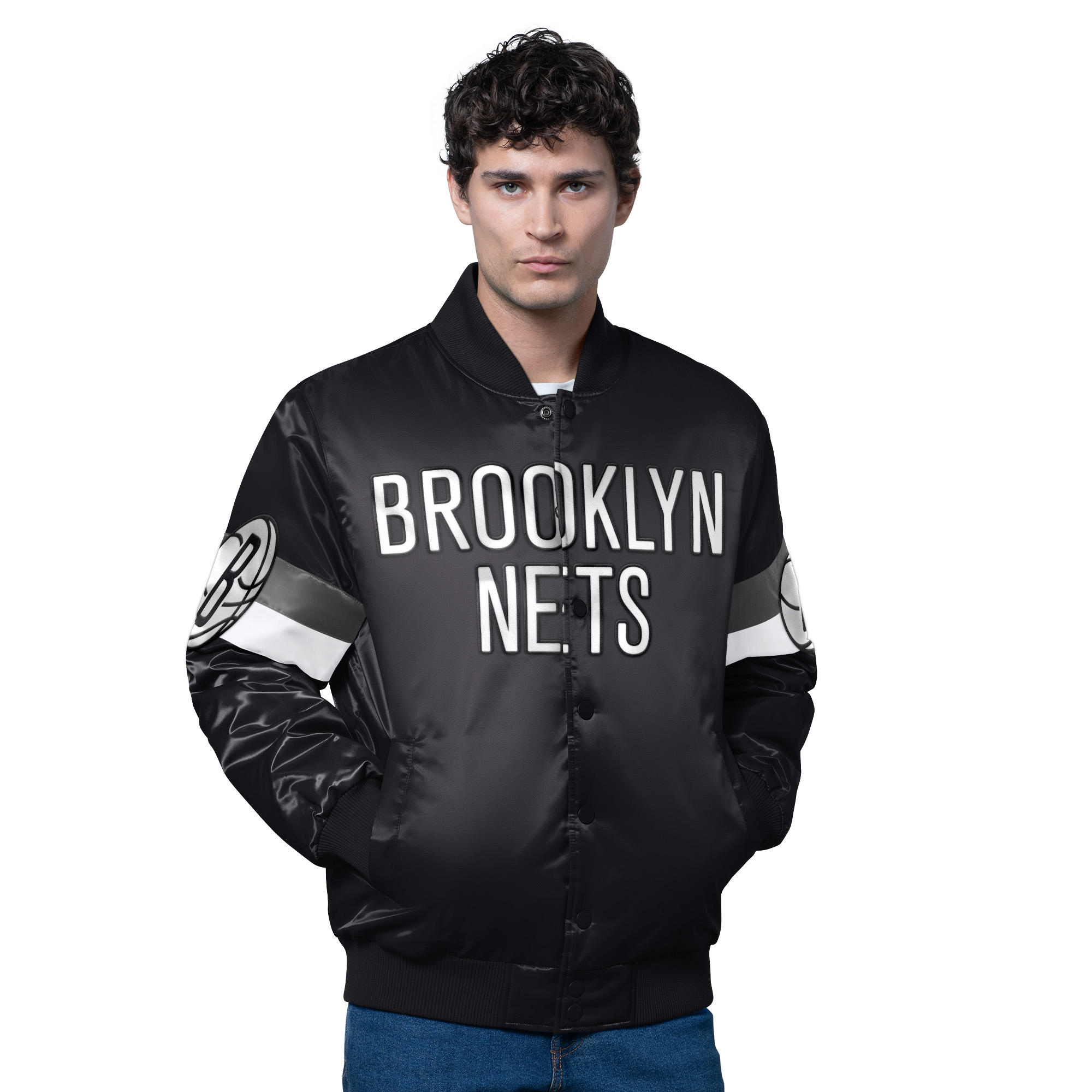 Men’s Starter Black Brooklyn Nets Triple Option Varsity Full-Snap Satin Jacket Men’s Starter Black Brooklyn Nets Triple Option Varsity Full-Snap Satin Jacket