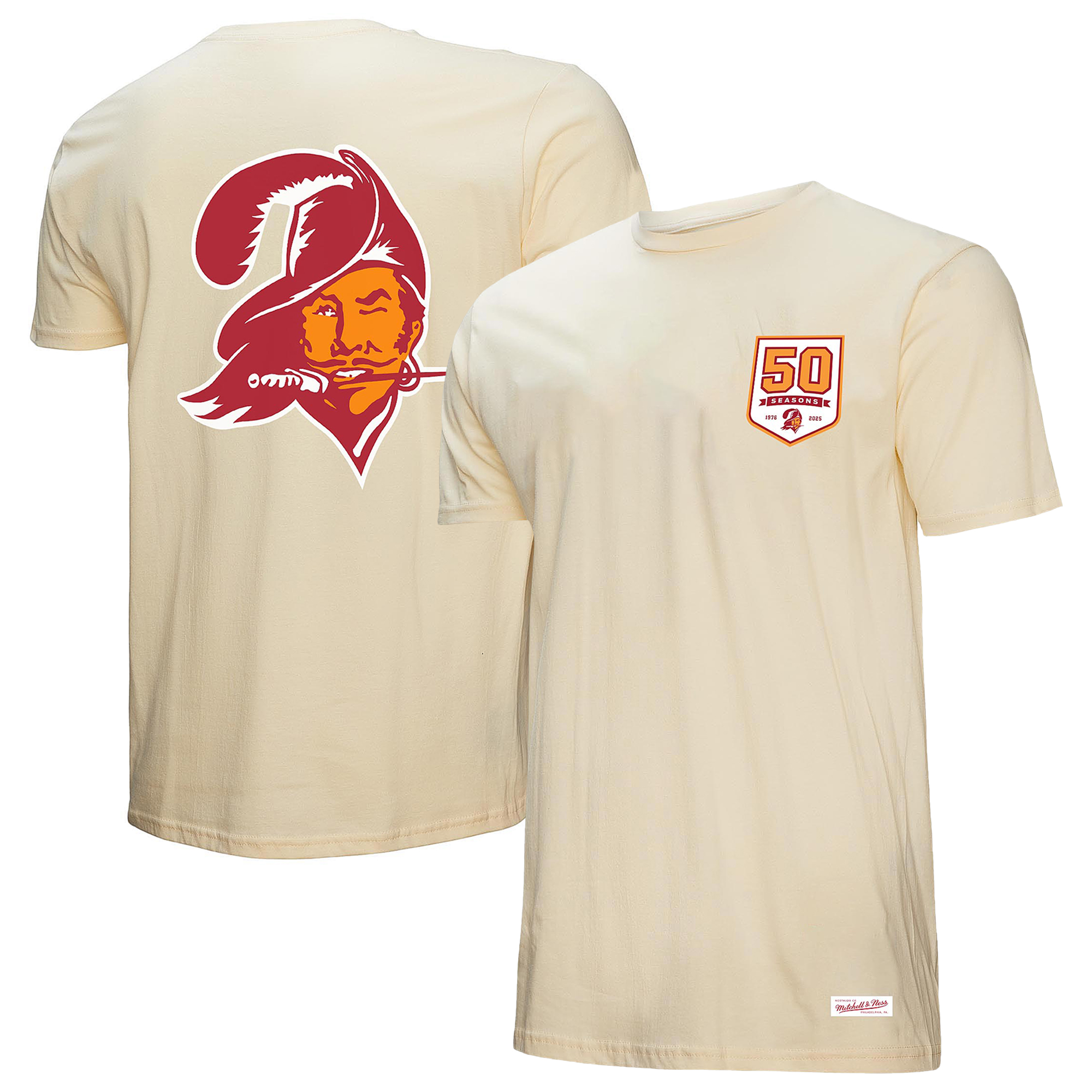 Men's Mitchell & Ness Cream Tampa Bay Buccaneers 50th Season Pirate & Patch T-Shirt