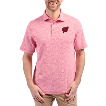 Men's Cutter & Buck  Red Wisconsin Badgers Virtue Eco Pique Botanical Print Recycled DryTec Polo