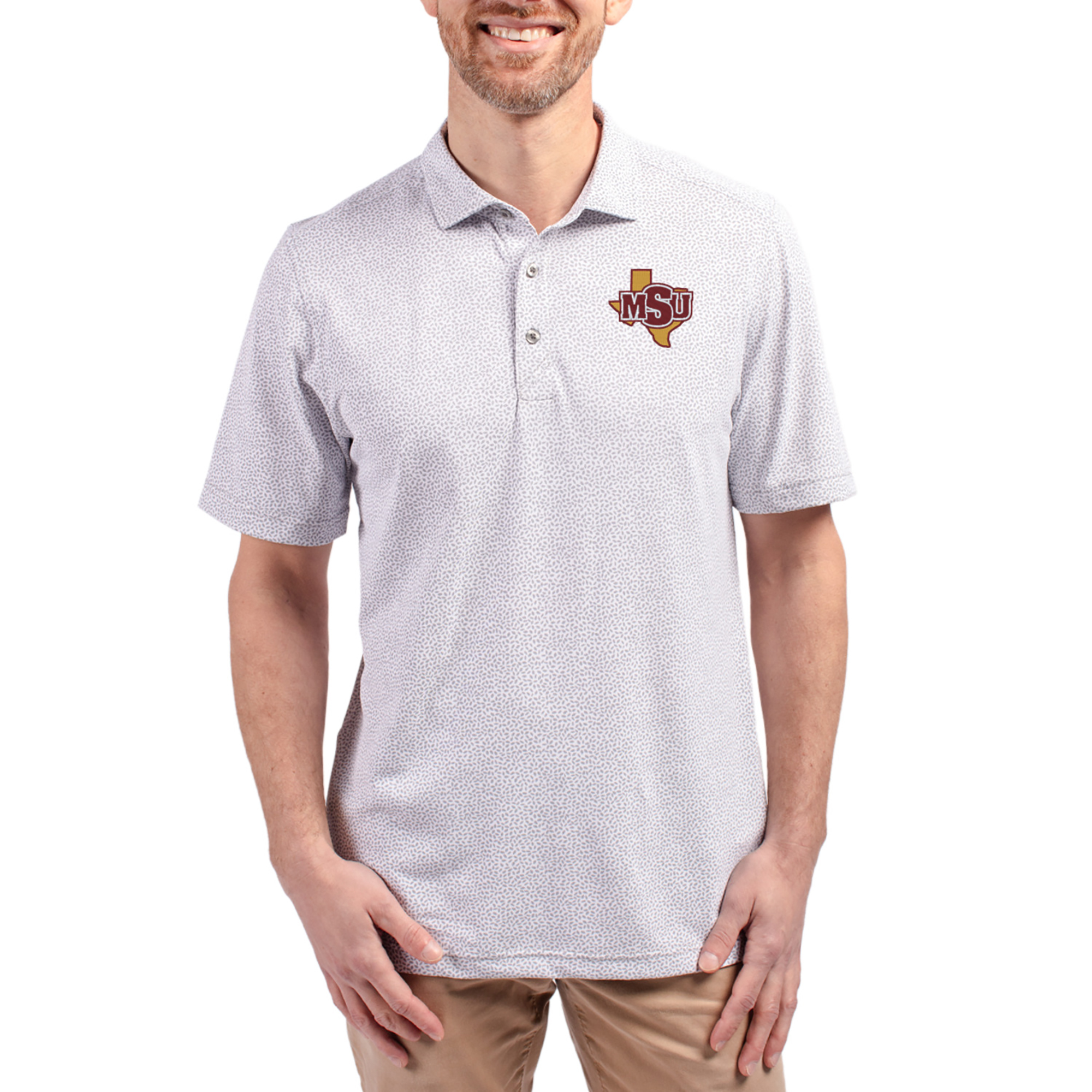 Men’s Cutter & Buck Gray Midwestern State Mustangs Virtue Eco Pique Botanical Print Recycled DryTec Polo Men’s Cutter & Buck Gray Midwestern State Mustangs Virtue Eco Pique Botanical Print Recycled DryTec Polo