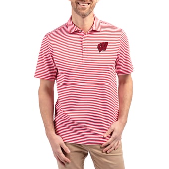 Men's Cutter & Buck  Red Wisconsin Badgers Virtue Eco Pique Stripe Recycled DryTec Polo