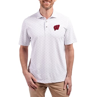 Men's Cutter & Buck  White Wisconsin Badgers Virtue Eco Pique Tile Print Recycled DryTec Polo