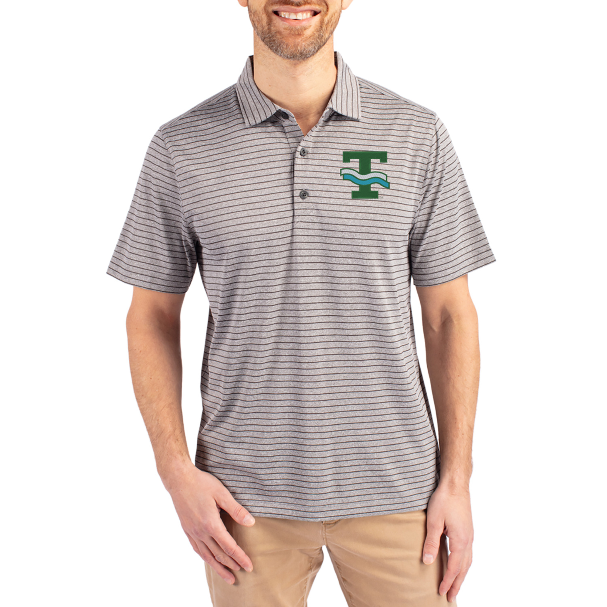 Men’s Cutter & Buck Heather Gray Tulane Green Wave Forge Eco Heather Stripe Stretch Recycled Polo Men’s Cutter & Buck Heather Gray Tulane Green Wave Forge Eco Heather Stripe Stretch Recycled Polo