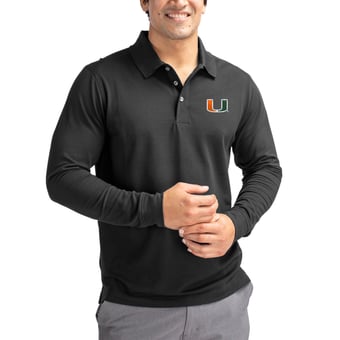Men's Cutter & Buck Black Miami Hurricanes Advantage Eco Tri-Blend Pique Long Sleeve Polo