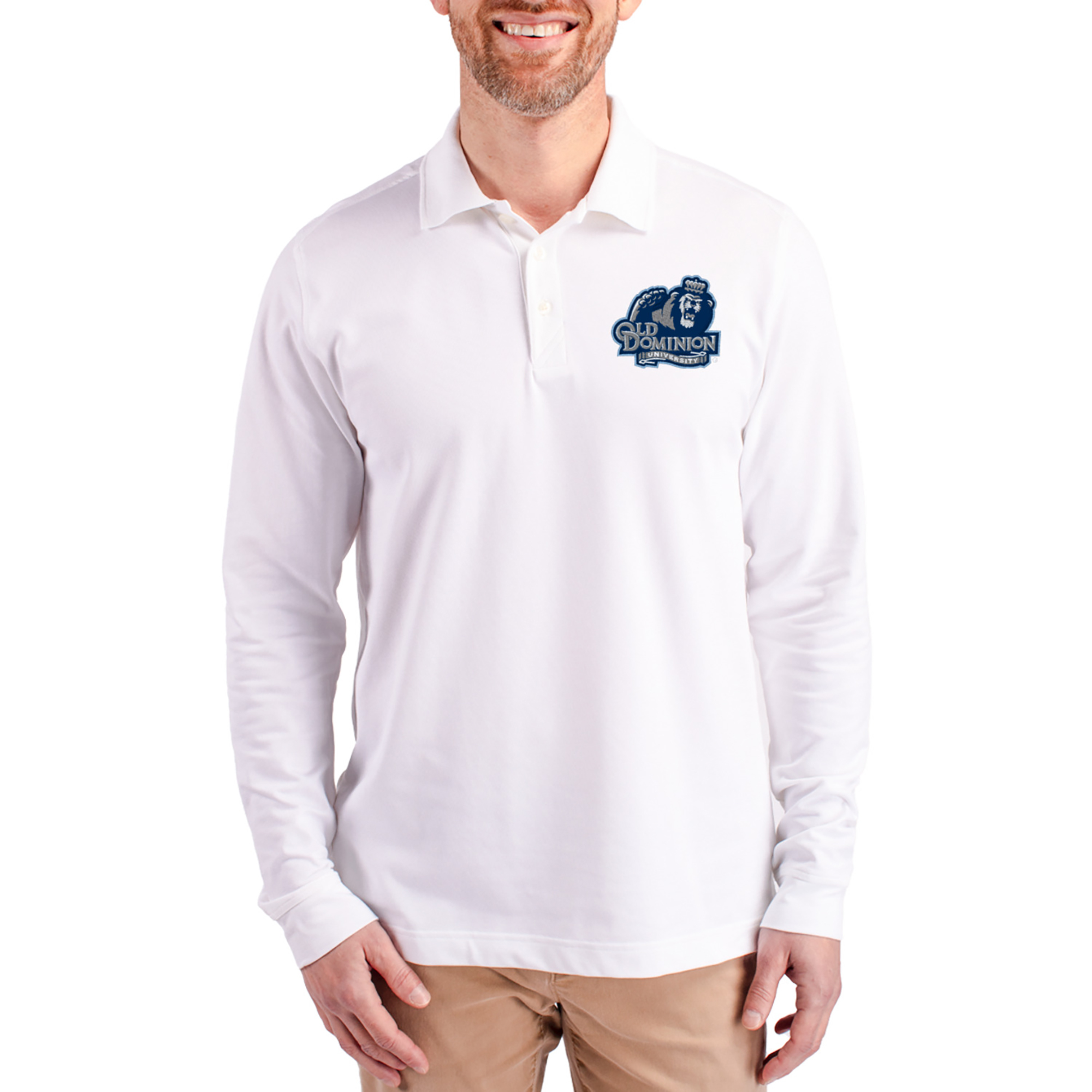 Men’s Cutter & Buck White Old Dominion Monarchs Advantage Eco Tri-Blend Pique Long Sleeve Polo Men’s Cutter & Buck White Old Dominion Monarchs Advantage Eco Tri-Blend Pique Long Sleeve Polo