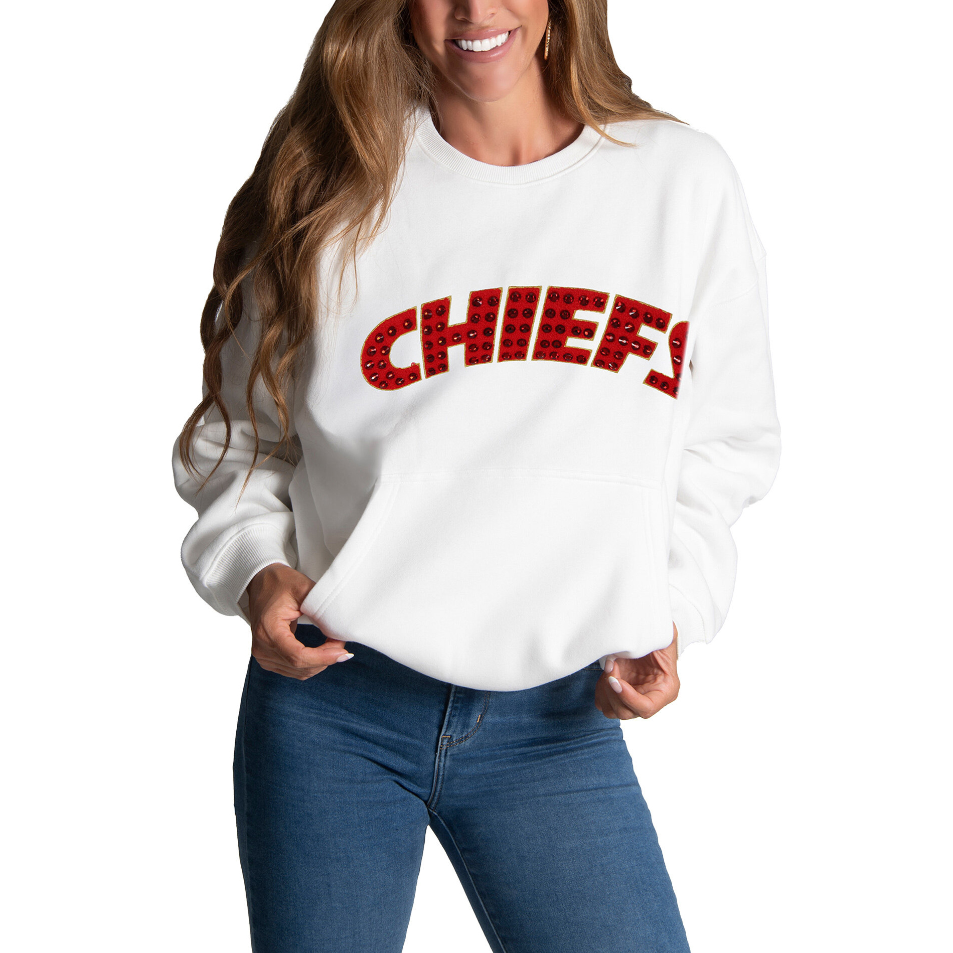 Women's FABGATING by Cuce White Kansas City Chiefs Chenille Jeweled Sweatshirt
