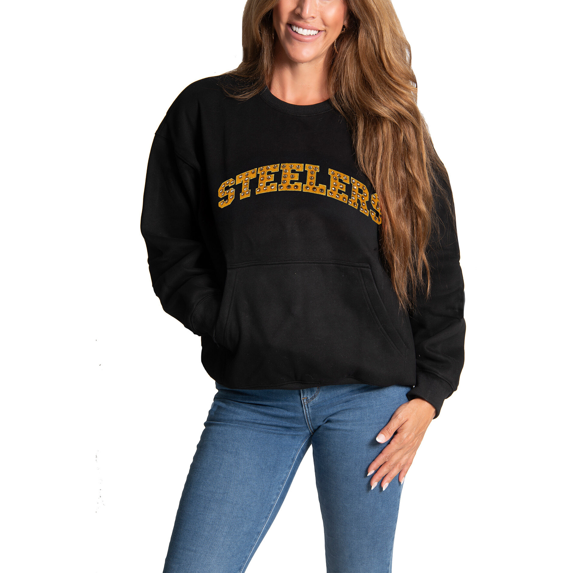 Women's FABGATING by Cuce Black Pittsburgh Steelers Chenille Jeweled Sweatshirt