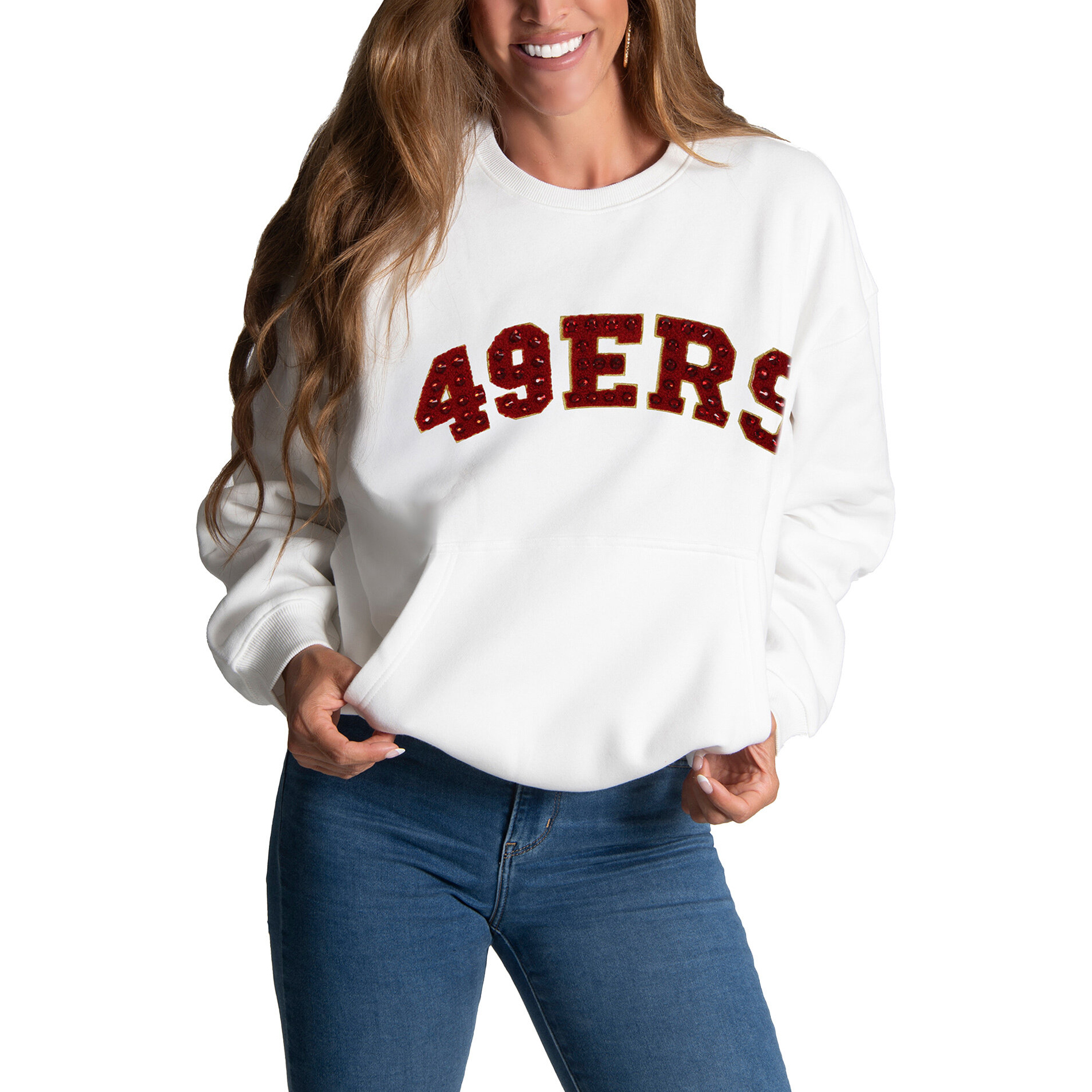 Women's FABGATING by Cuce White San Francisco 49ers Chenille Jeweled Sweatshirt