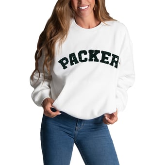 Women's FABGATING by Cuce White Green Bay Packers Chenille Jeweled Sweatshirt