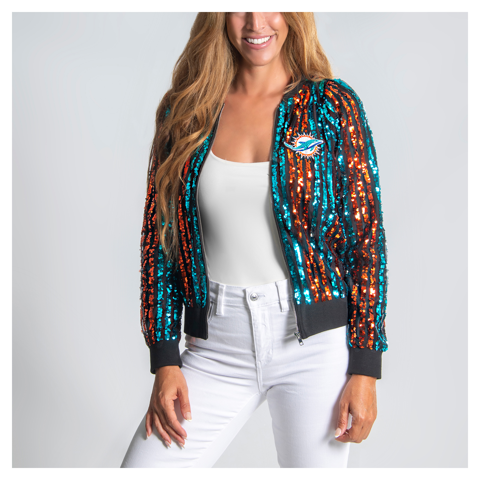 Women's FABGATING by Cuce Aqua Miami Dolphins Slim Fit Sequin Striped Full-Zip Bomber Jacket